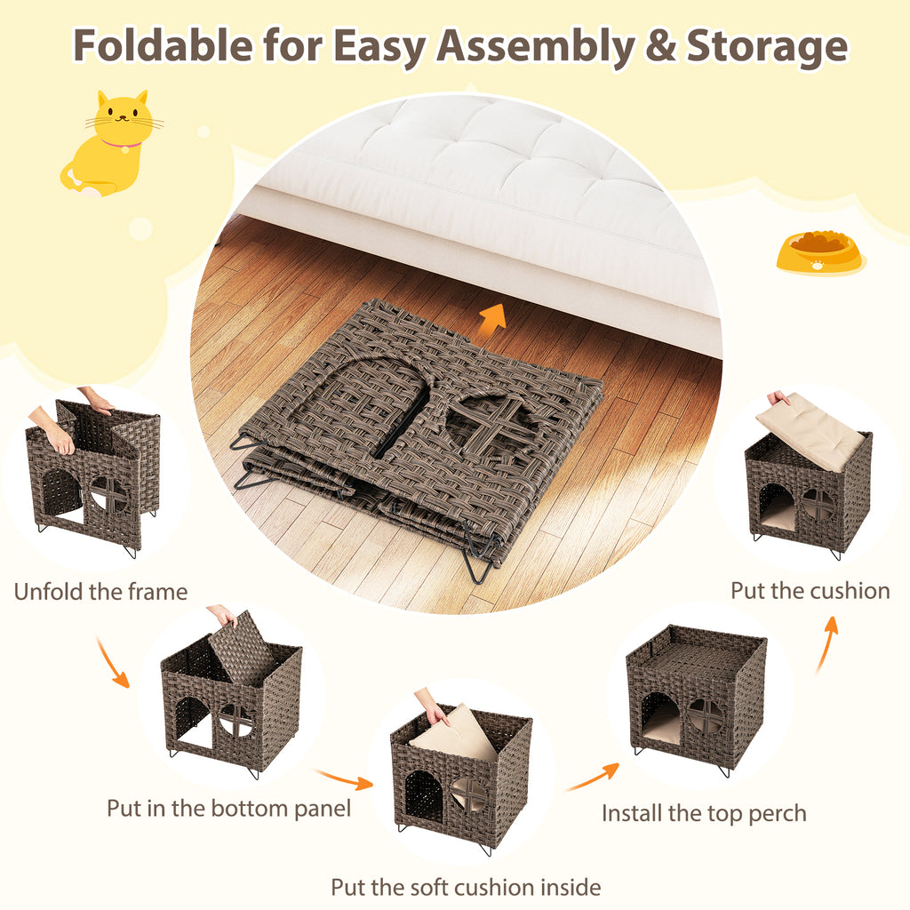 Foldable 2-tier Rattan Cat House Wicker Kitten Condo Indoor Pet Furniture Side Table-Brown