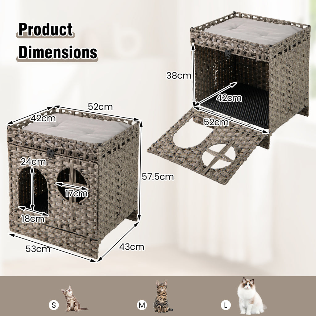 Foldable 2-tier Rattan Cat Litter Box Enclosure with Litter Mat-Grey