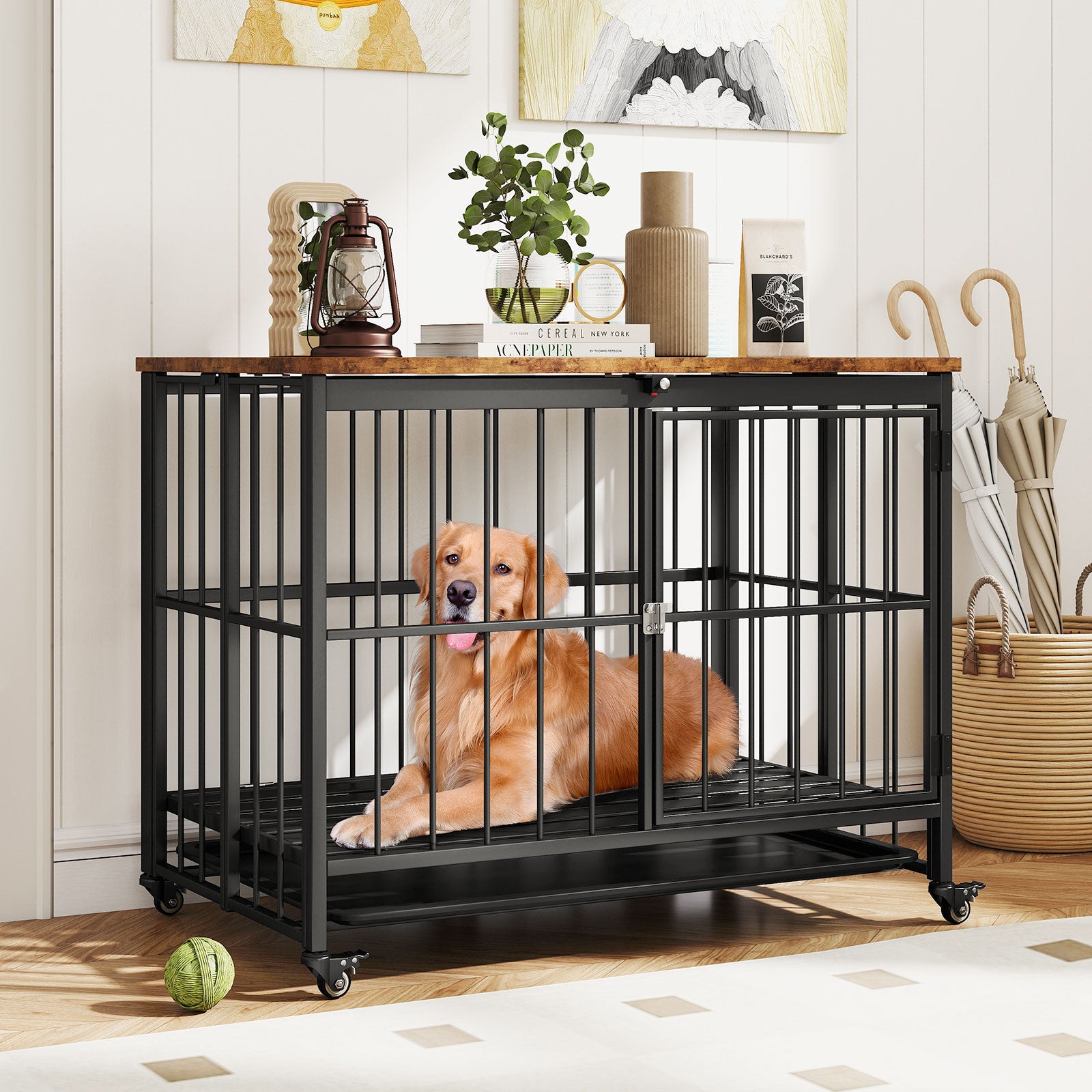 Foldable Dog Crate Furniture with Removable Tray Heavy-duty Chew-resistant Dog Kennel-L