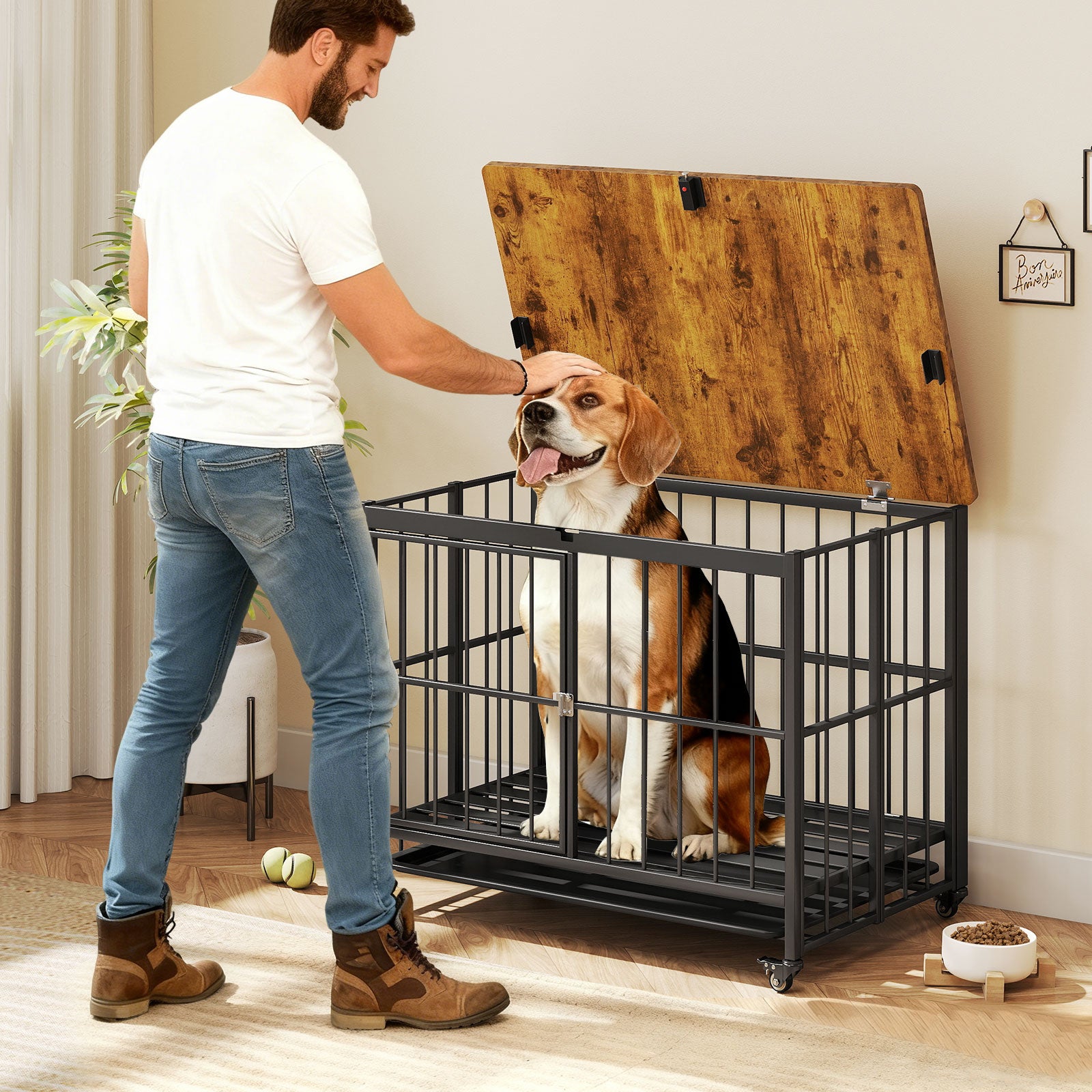 Foldable Dog Crate Furniture with Removable Tray Heavy-duty Chew-resistant Dog Kennel-L