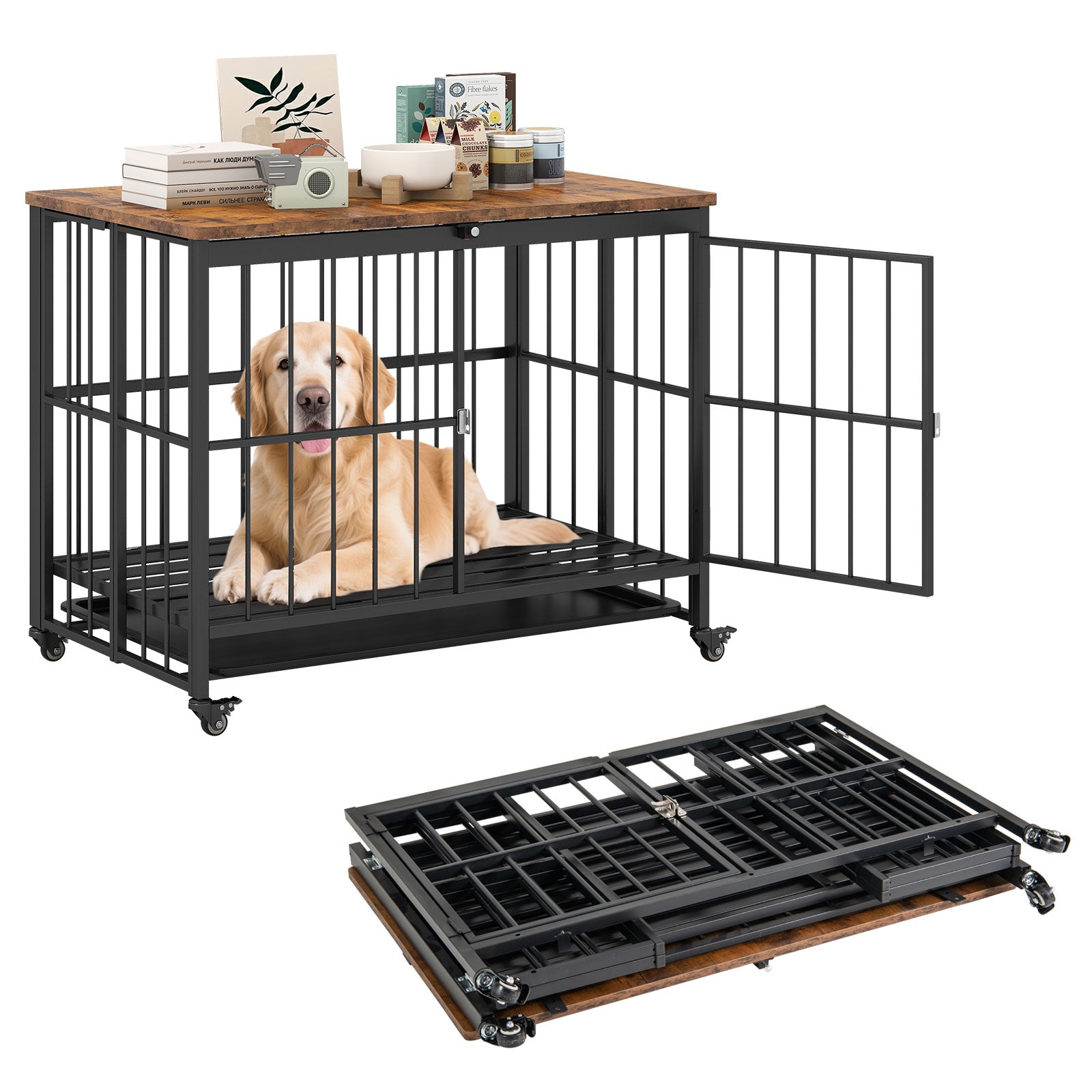 Foldable Dog Crate Furniture with Removable Tray Heavy-duty Chew-resistant Dog Kennel-L