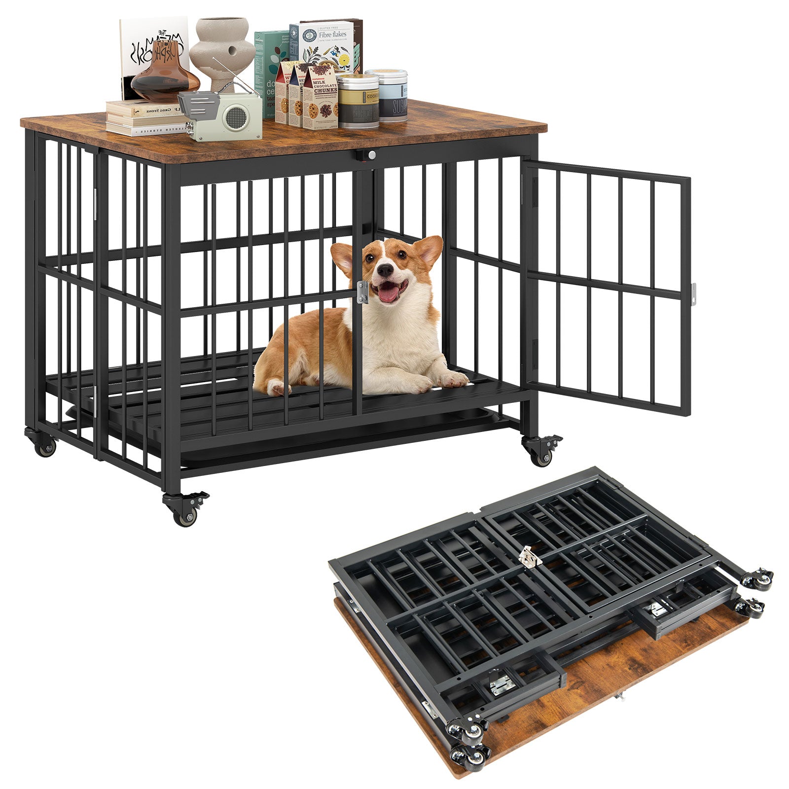 Foldable Dog Crate Furniture with Removable Tray Heavy-duty Chew-resistant Dog Kennel-M