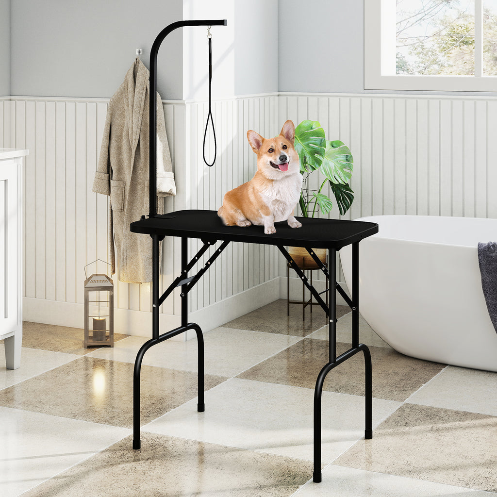 Foldable Dog Grooming Table with Height Adjustable Arms and Noose-Black