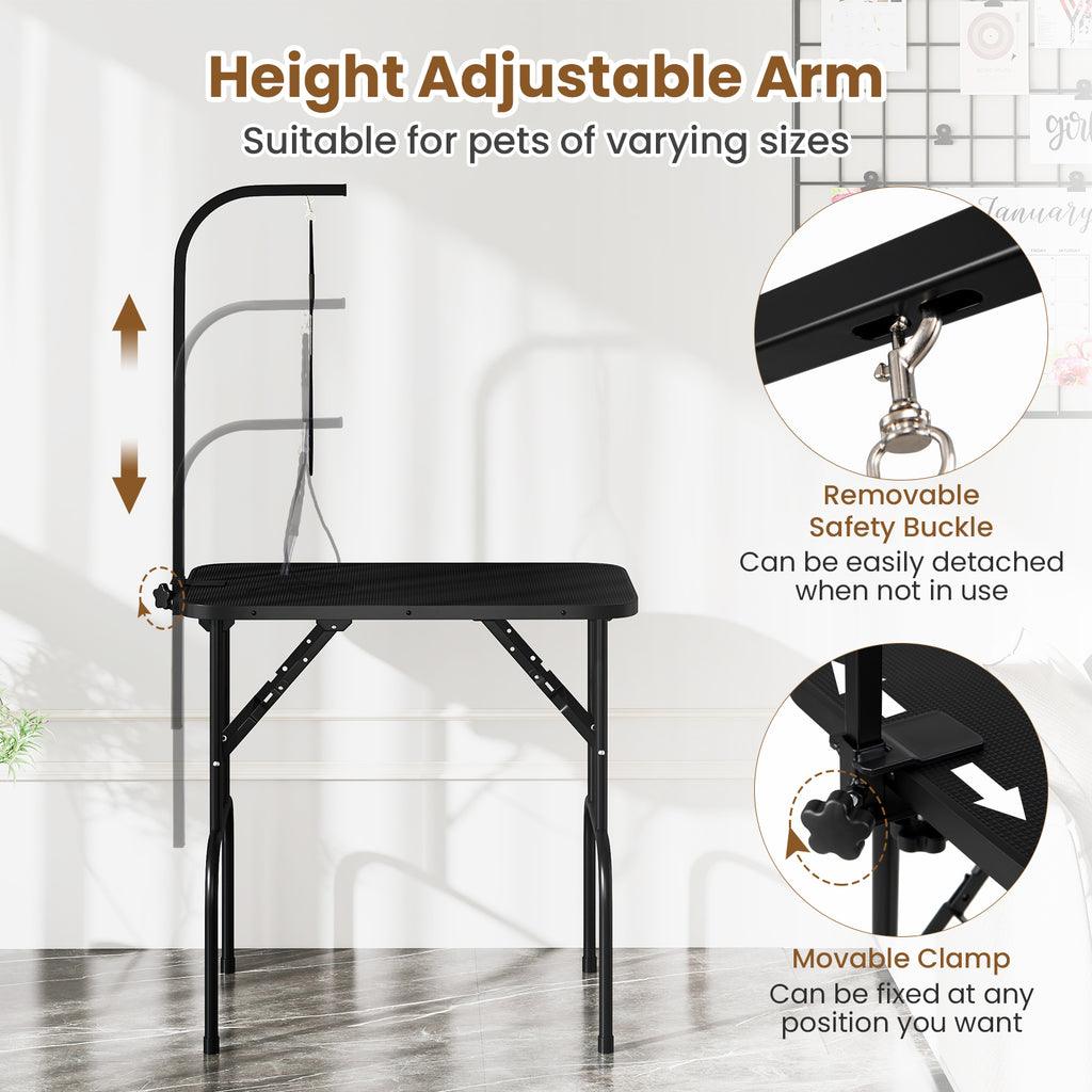 Foldable Dog Grooming Table with Height Adjustable Arms and Noose-Black