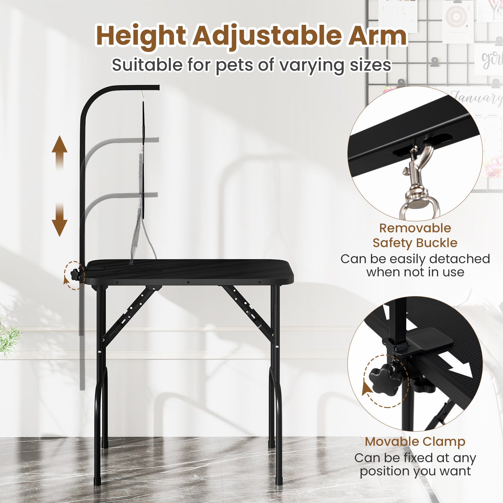 Foldable Dog Grooming Table with Height Adjustable Arms and Noose-Black