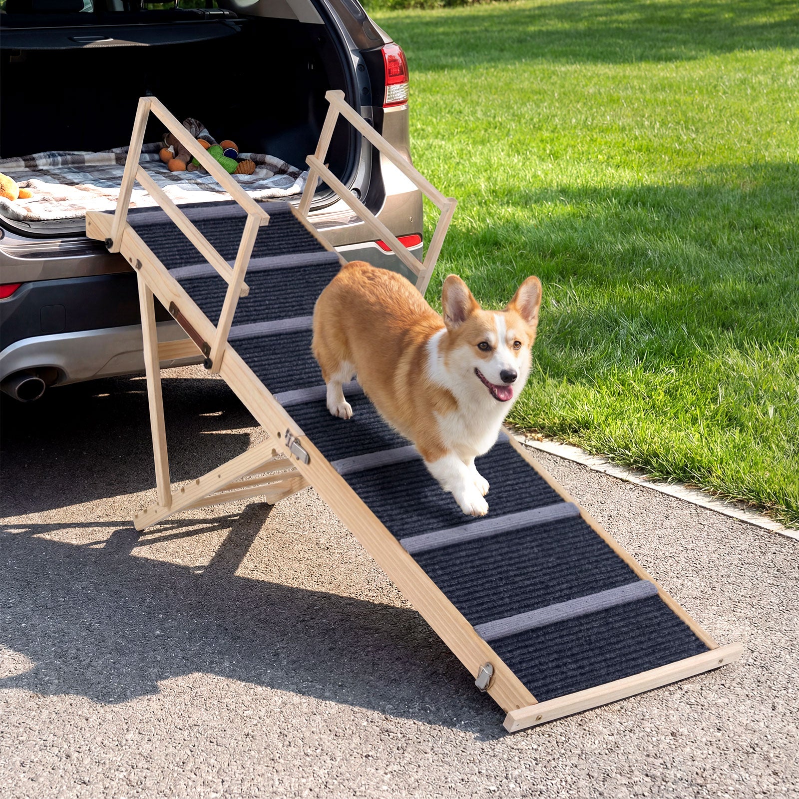 Foldable Dog Ramp with Non-slip Carpet and Removable Side Rails-Grey