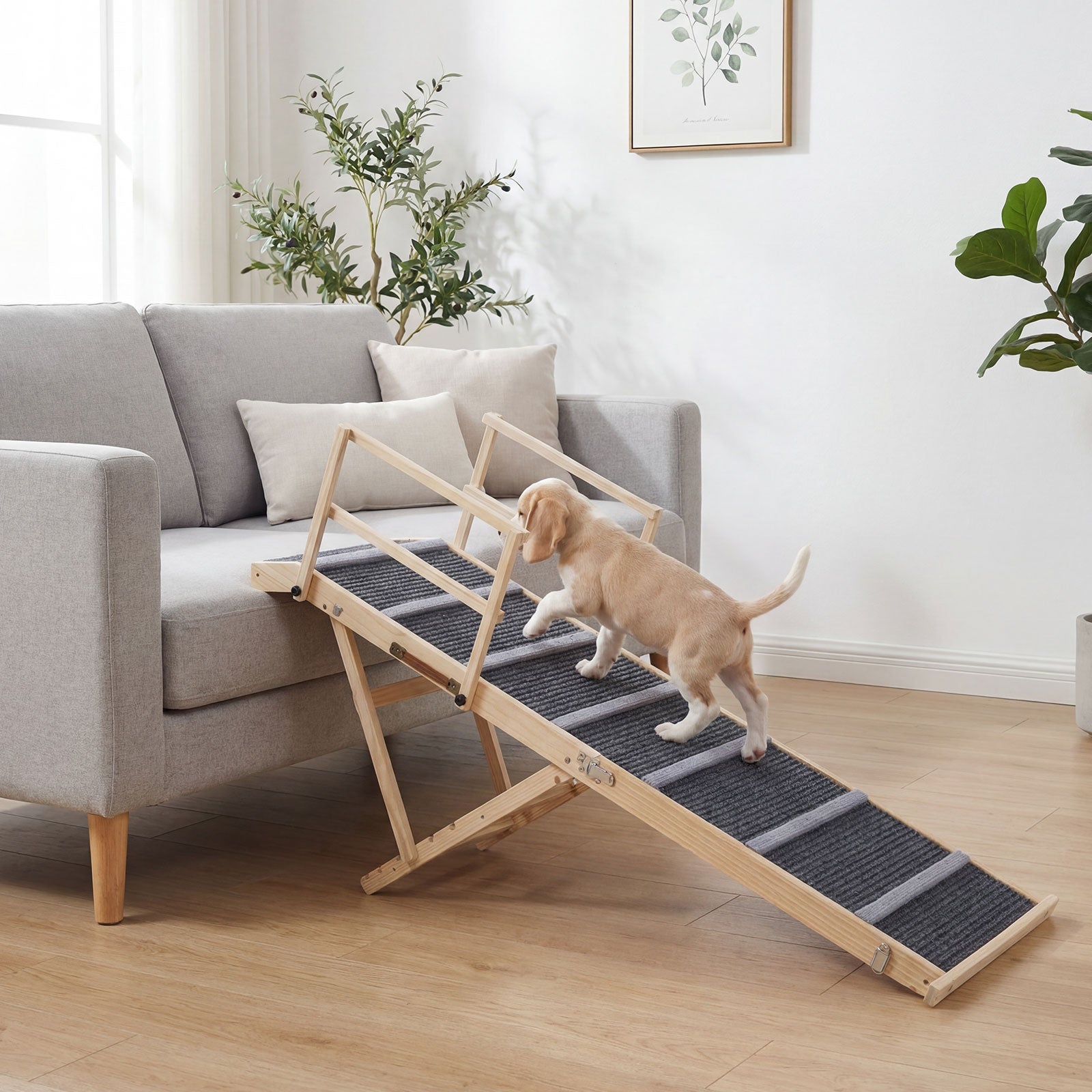 Foldable Dog Ramp with Non-slip Carpet and Removable Side Rails-Grey