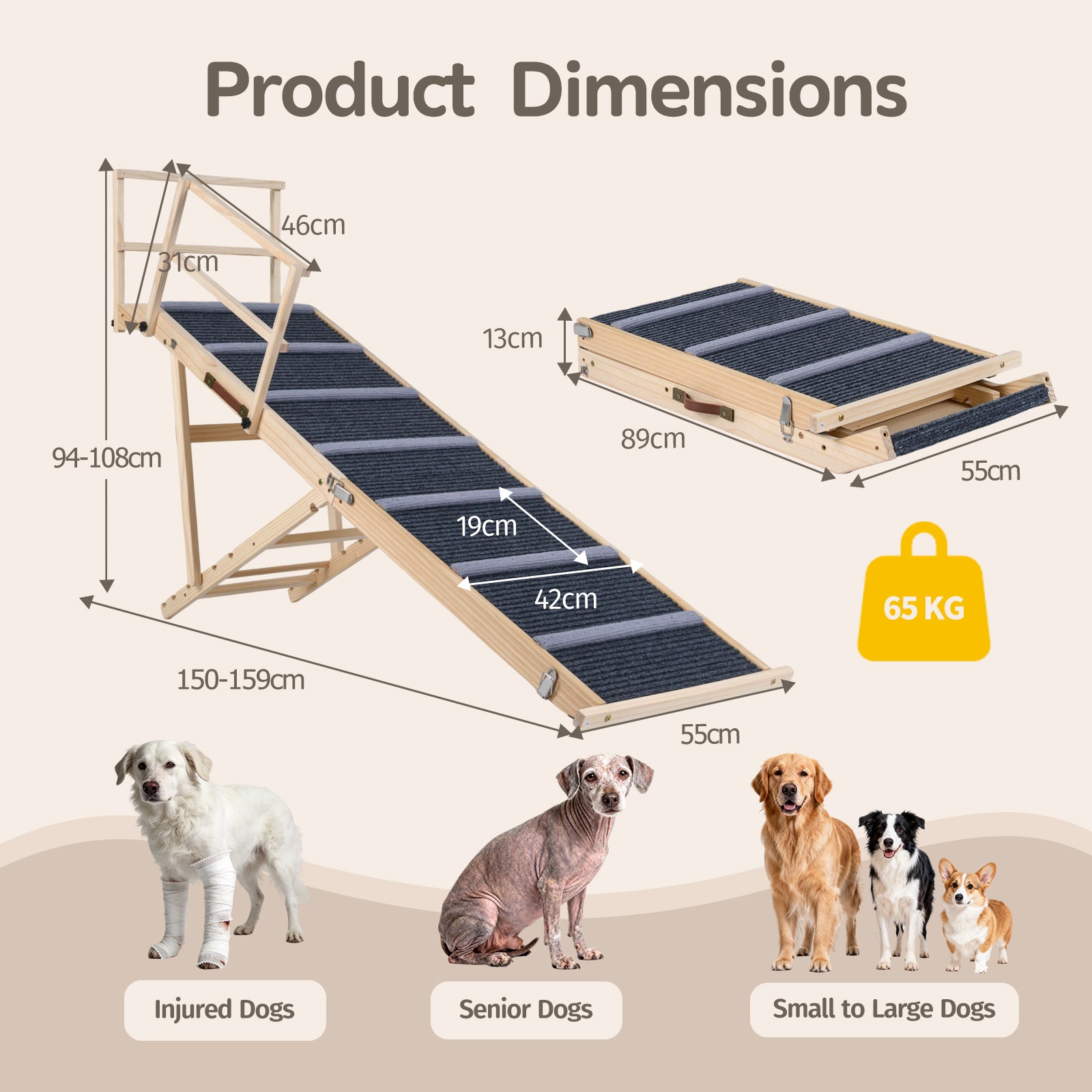 Foldable Dog Ramp with Non-slip Carpet and Removable Side Rails-Grey