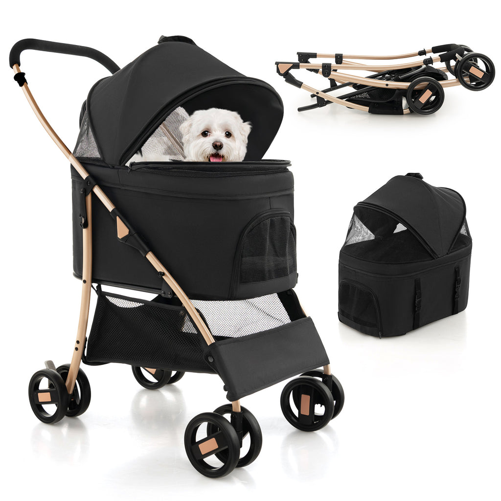 Foldable Pet Stroller with 4-Level Adjustable Canopy and Storage Basket-Black & Gold