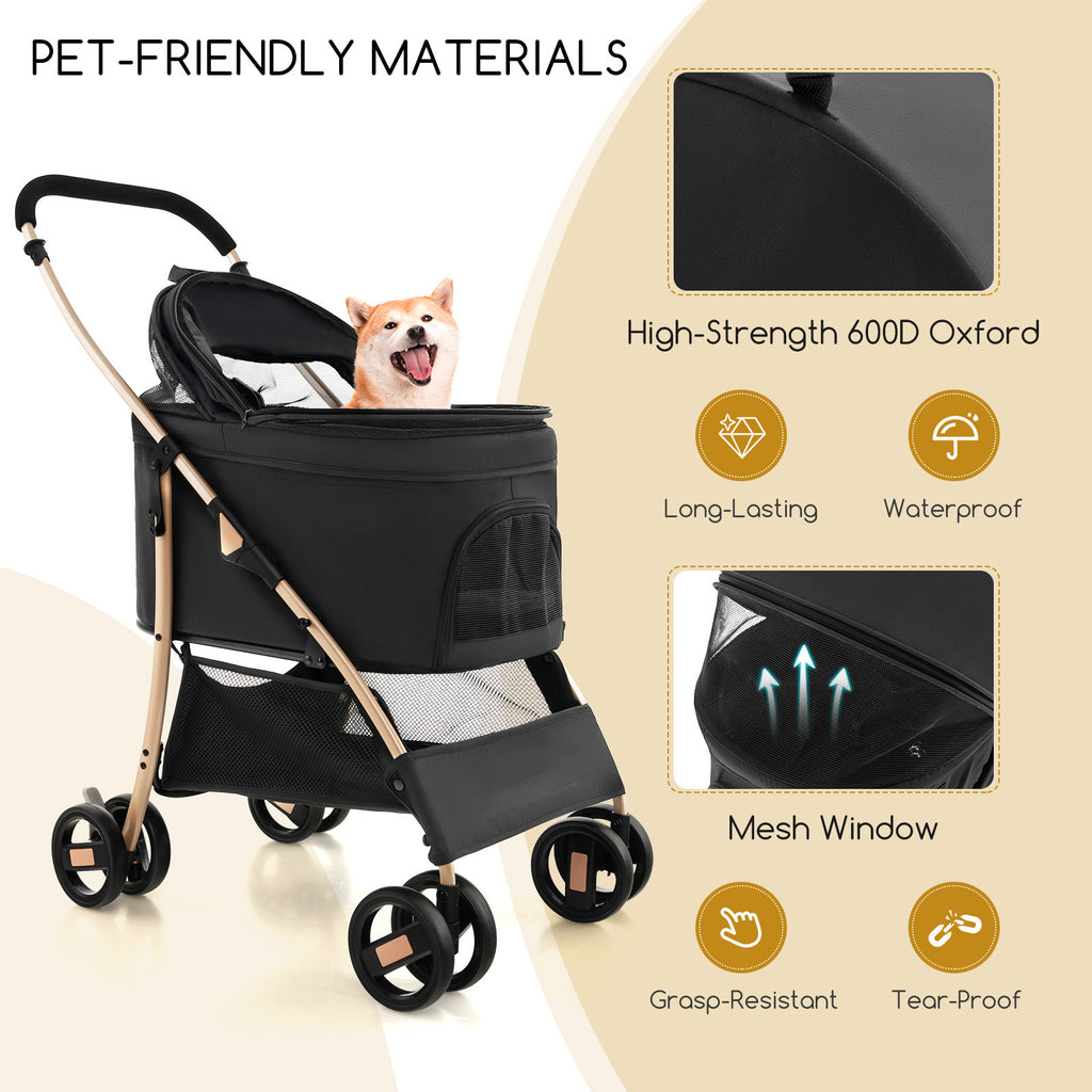 Foldable Pet Stroller with 4-Level Adjustable Canopy and Storage Basket-Black & Gold