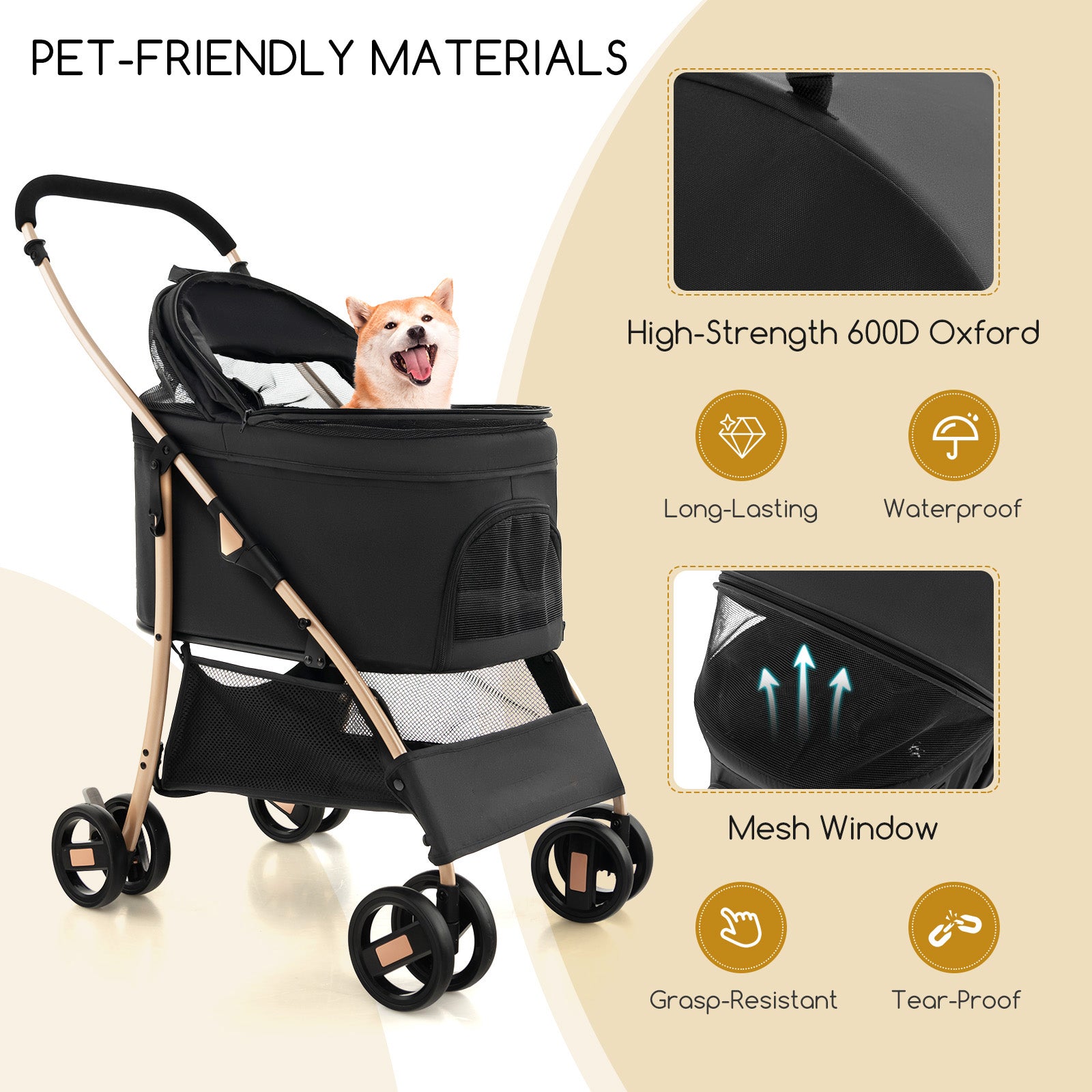Foldable Pet Stroller with 4-Level Adjustable Canopy and Storage Basket-Black & Gold