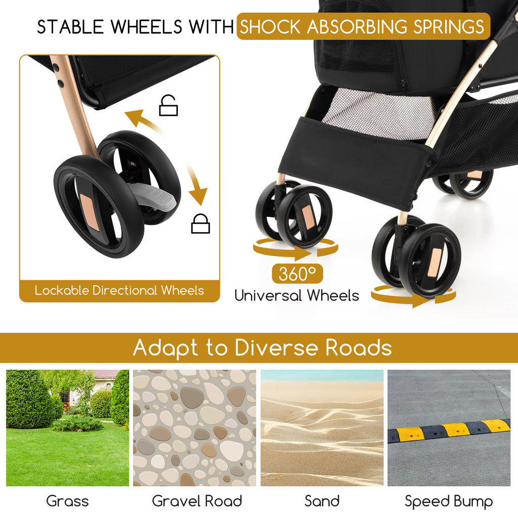 Foldable Pet Stroller with 4-Level Adjustable Canopy and Storage Basket-Black & Gold