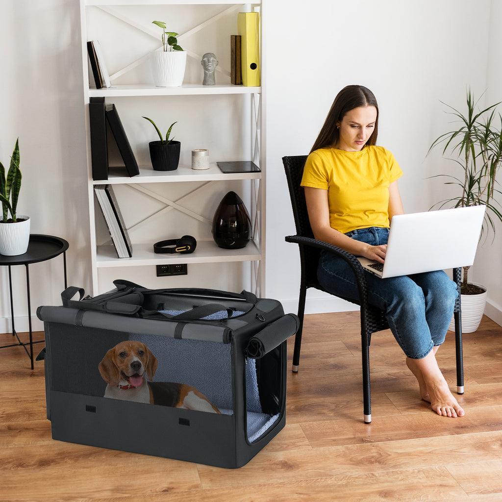 Foldable Dog Crate with Openings and Window Mesh Inner Basket-M