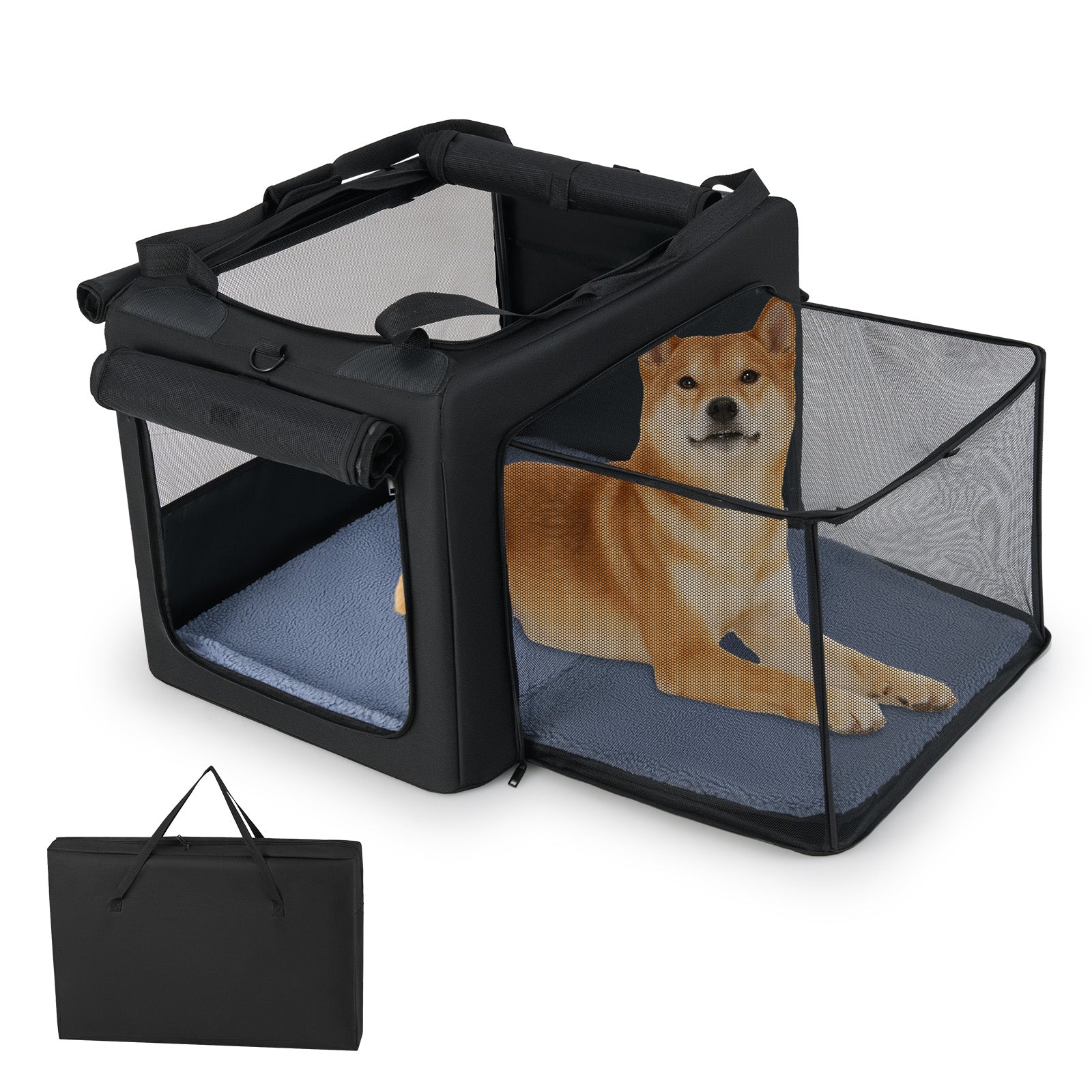 Foldable Dog Crate with Openings and Window Mesh Inner Basket-M
