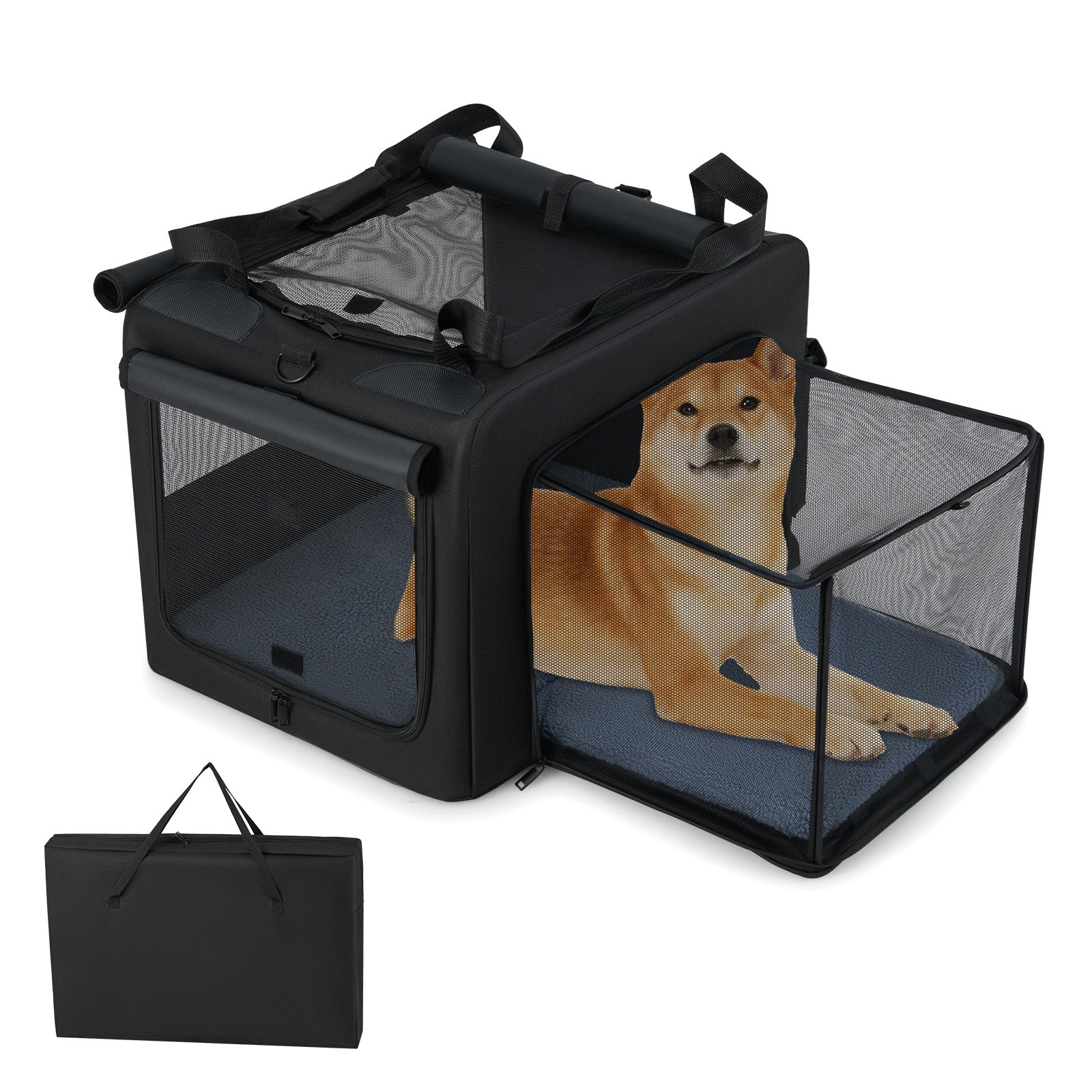 Foldable Dog Crate with Openings and Window Mesh Inner Basket-S