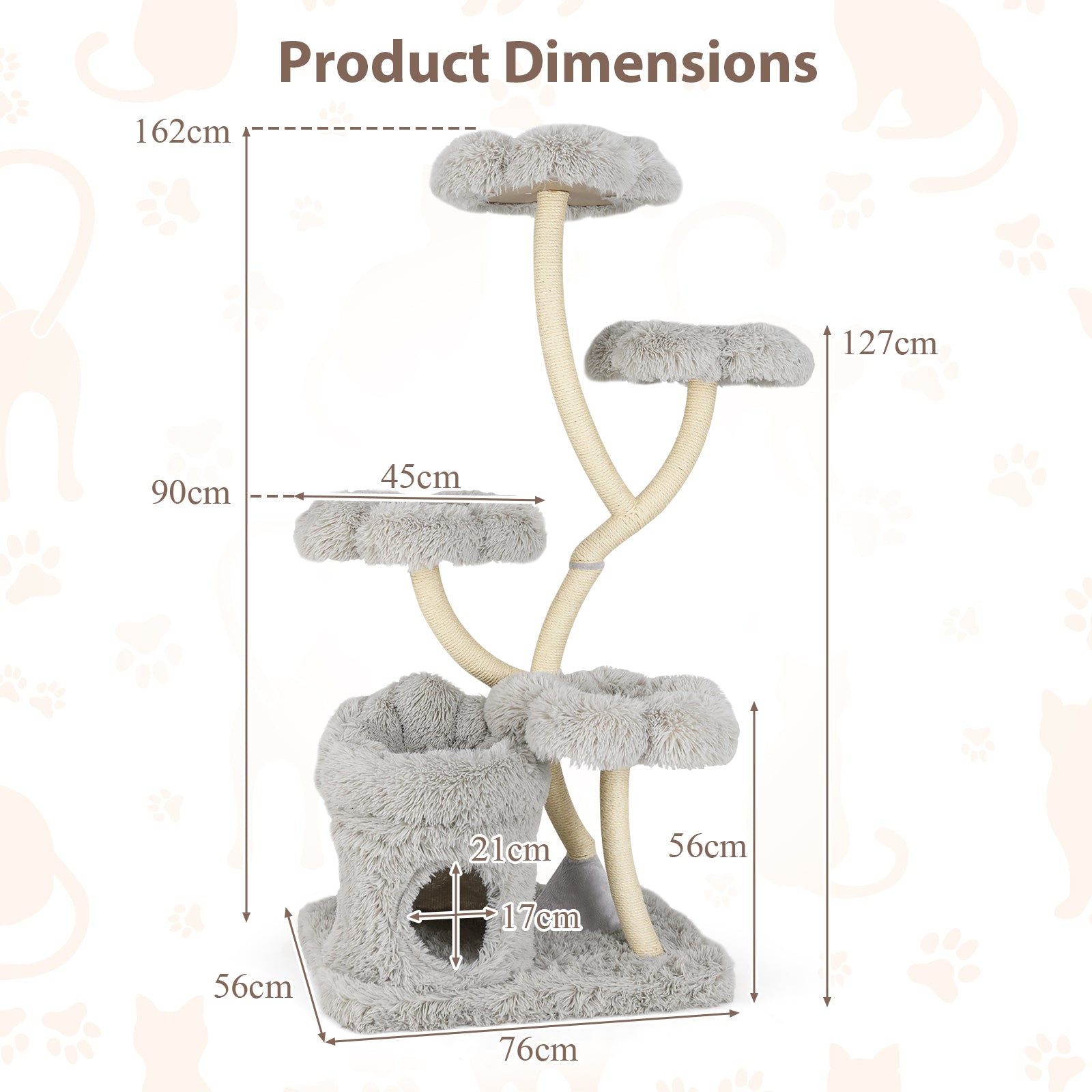 Tall Cat Tree with 4 Flower-shaped Platforms and Sisal Scratching Posts-Grey
