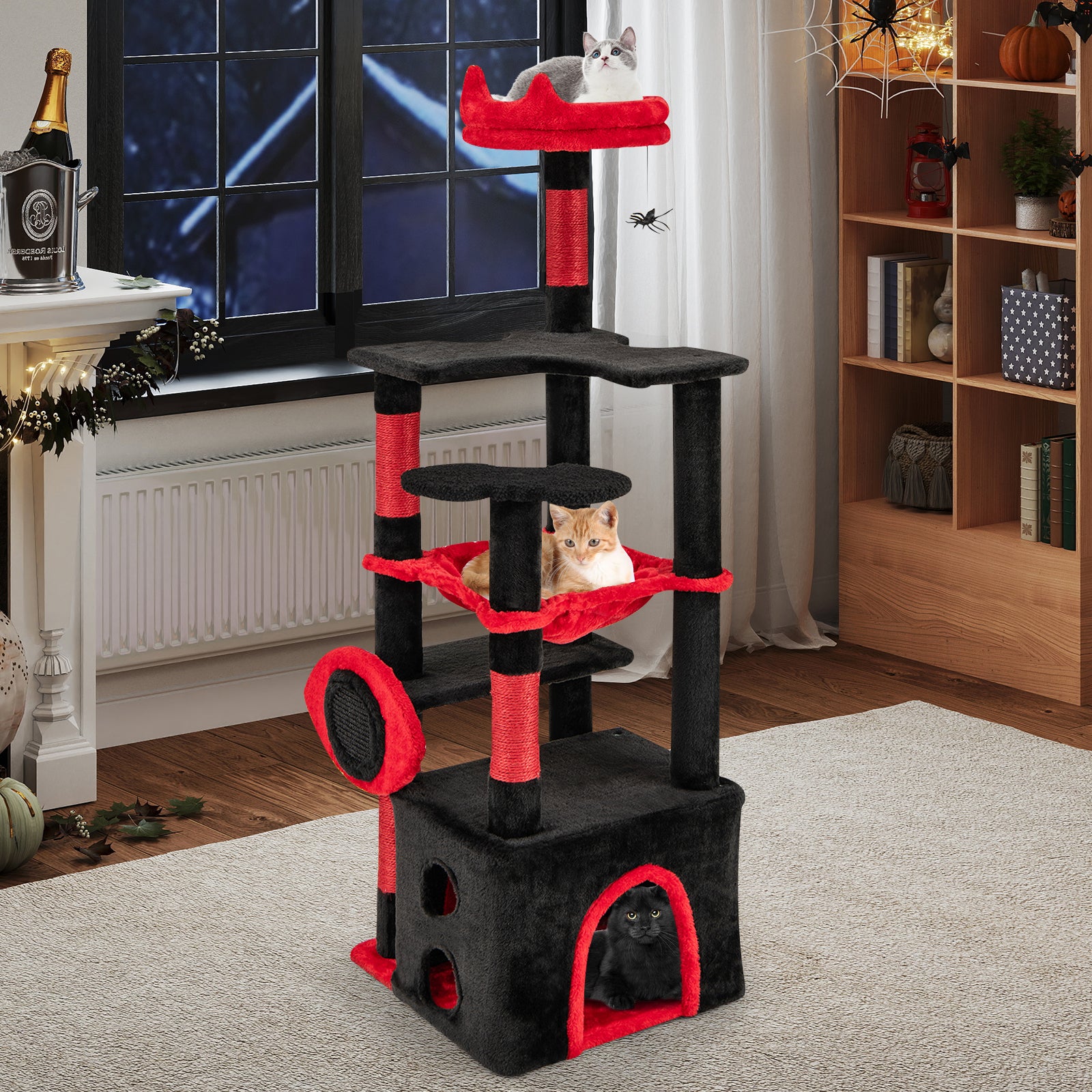 Gothic Cat Tree for Indoor Cats Large Cat Tower with Plush Perch-Red & Black