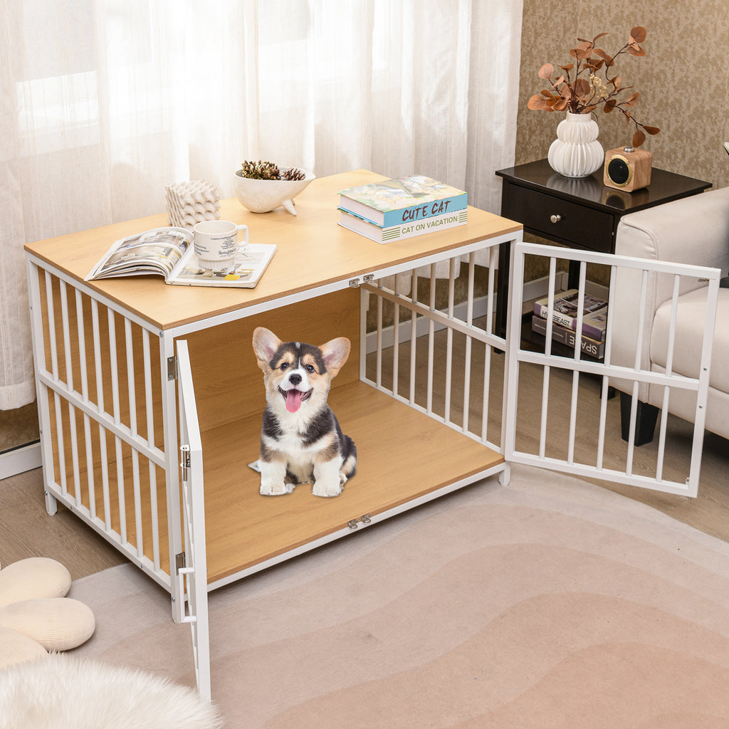 Heavy-duty Dog Crate Furniture with Dual Lockable Double Doors-Natural