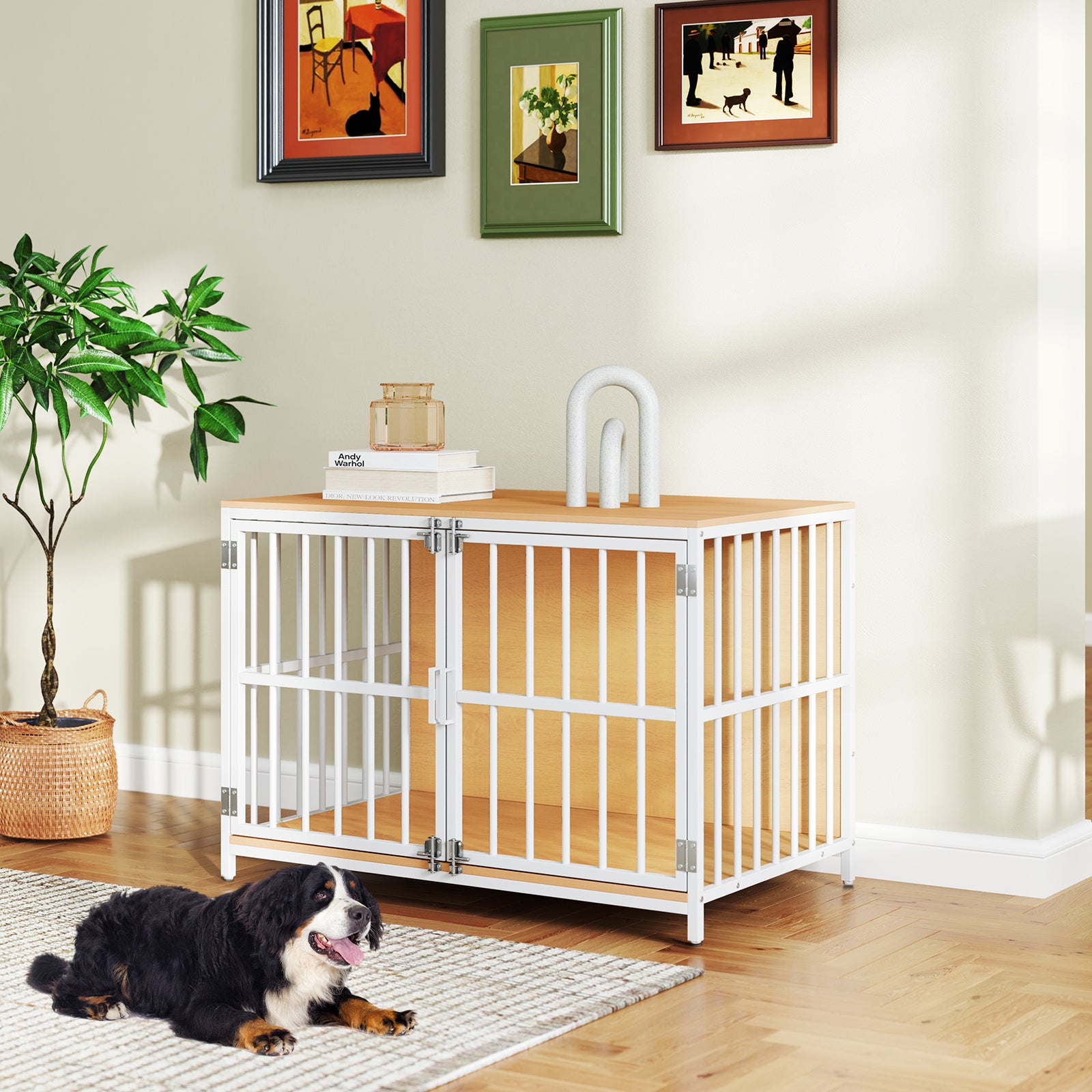 Heavy-duty Dog Crate Furniture with Dual Lockable Double Doors-Natural