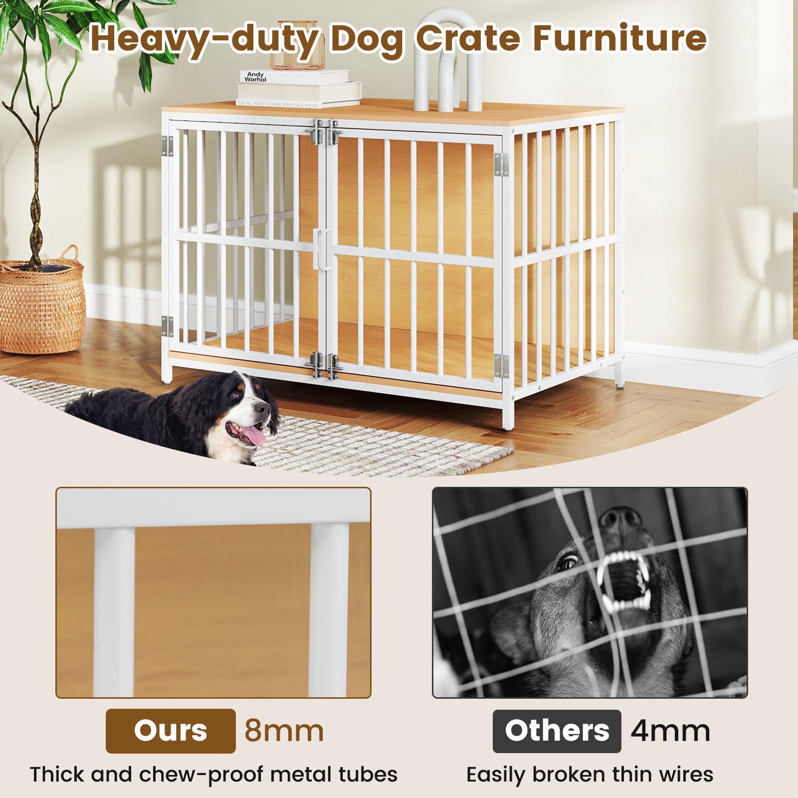 Heavy-duty Dog Crate Furniture with Dual Lockable Double Doors-Natural