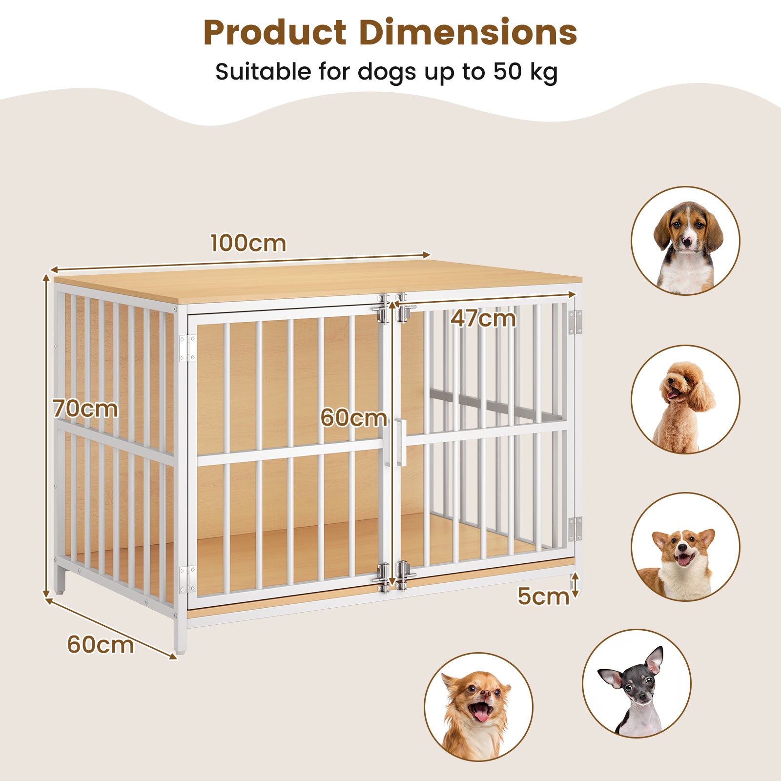Heavy-duty Dog Crate Furniture with Dual Lockable Double Doors-Natural