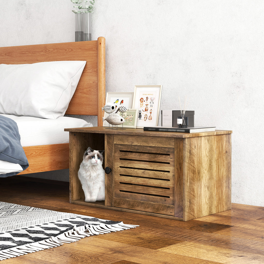 Cat Litter Box Enclosure Hidden Cat Washroom with Winding Entry-Oak