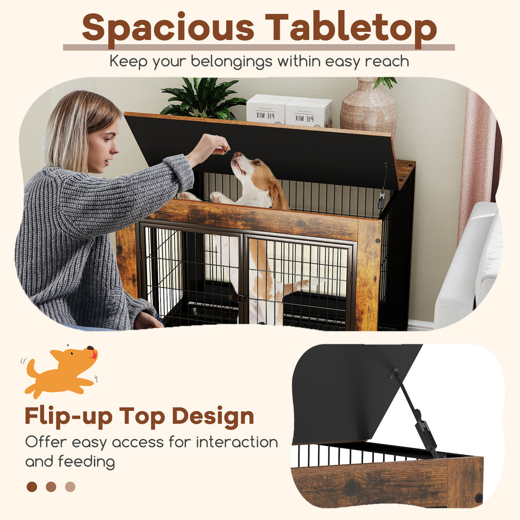 Industrial Dog Kennel with Flip-up Top and 3 Lockable Doors-Rustic Brown