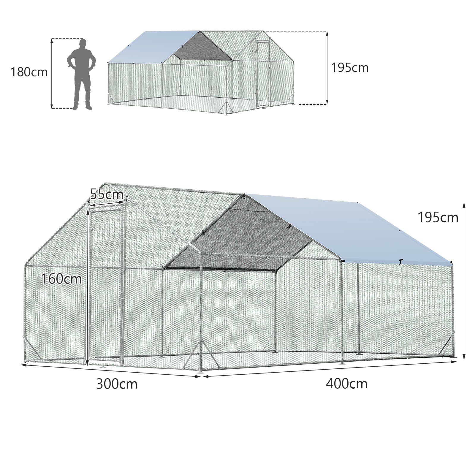 Large Spire-Shaped Chicken Coop with Sun-Protective Cover-400 cm x 300 cm x 195 cm