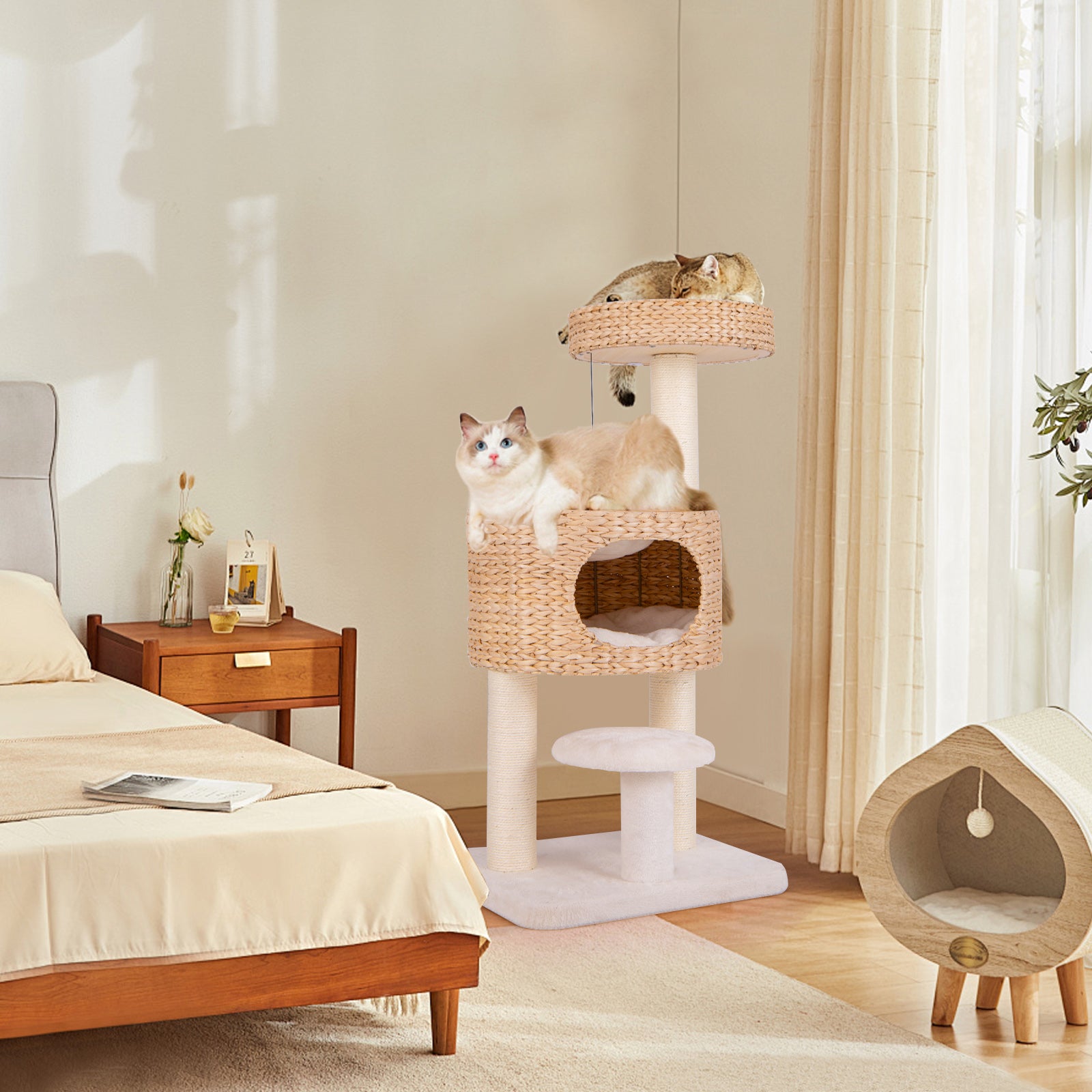 Modern Cat Tower with Top Perch and Removable Cushion-Natural