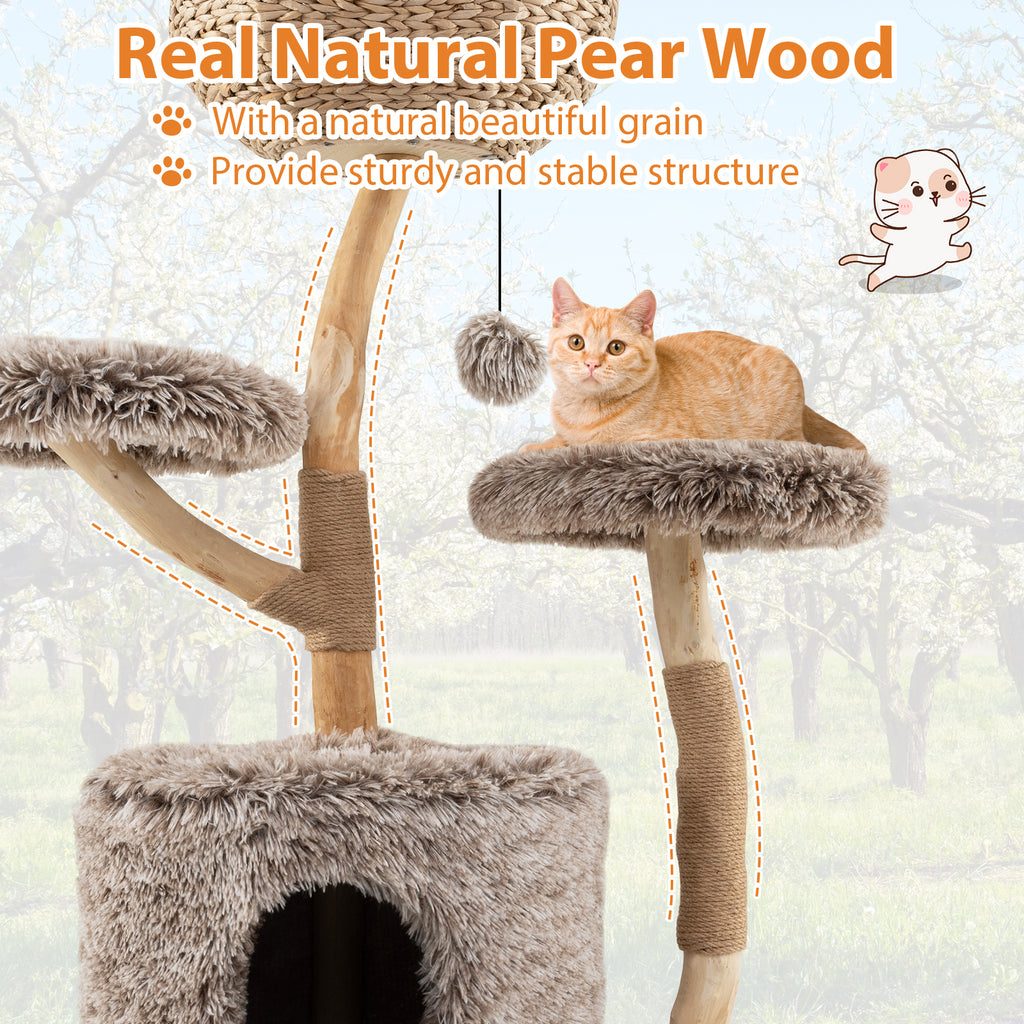 Multi-level Wood Cat Tree Tower Kitten Activity Center with Solid Trunk-Brown