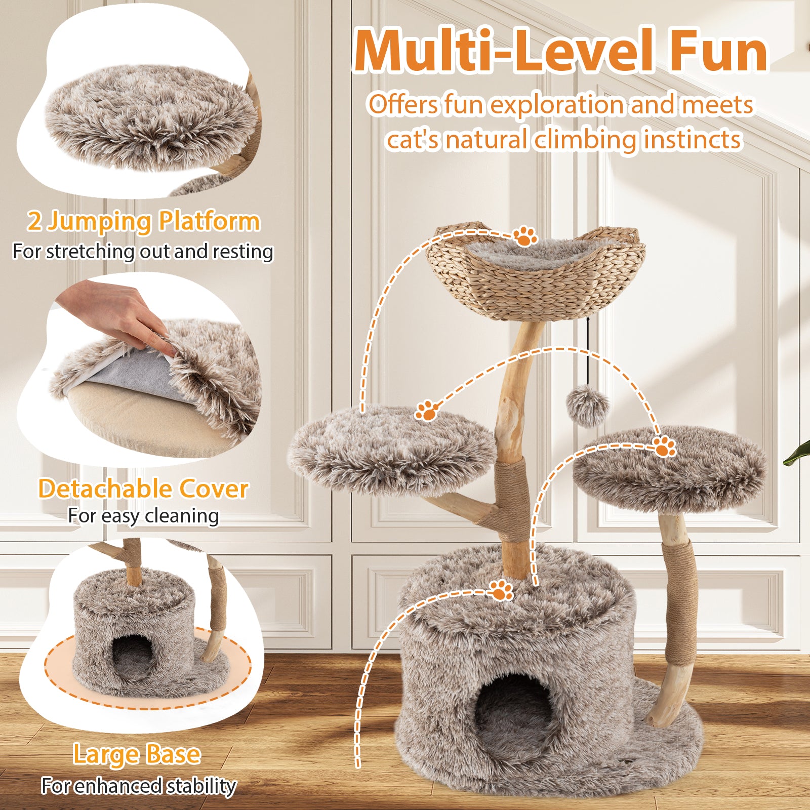 Multi-level Wood Cat Tree Tower Kitten Activity Center with Solid Trunk-Brown