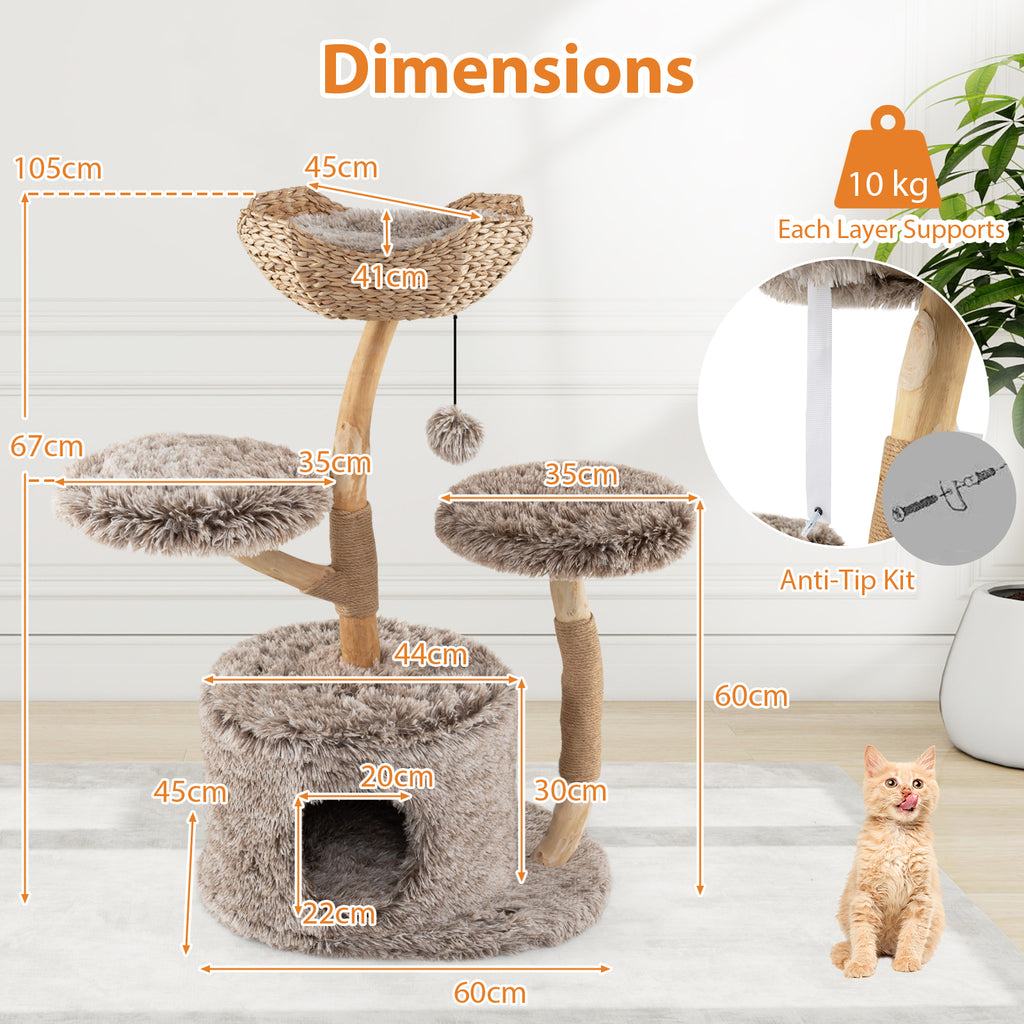 Multi-level Wood Cat Tree Tower Kitten Activity Center with Solid Trunk-Brown
