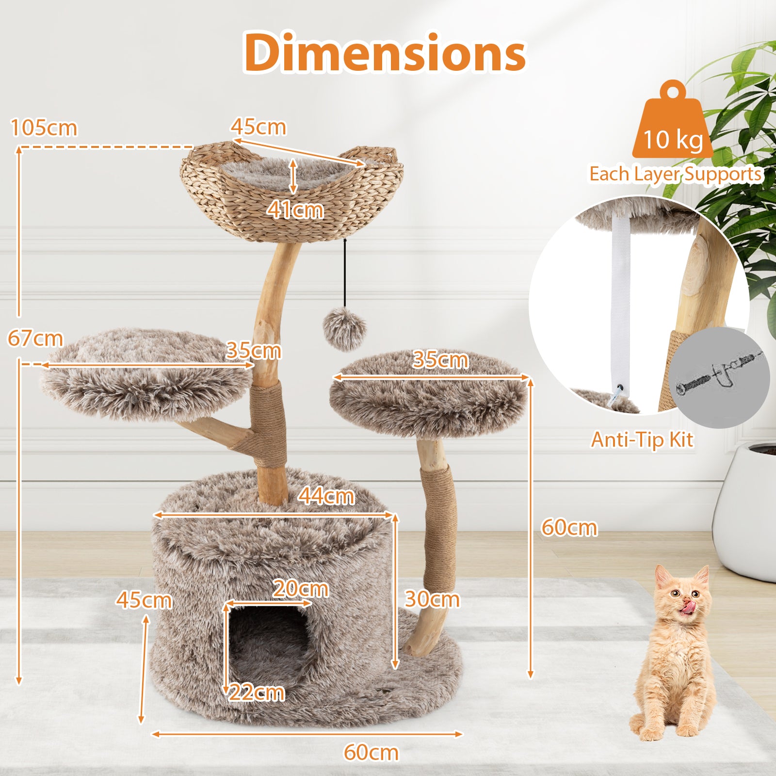Multi-level Wood Cat Tree Tower Kitten Activity Center with Solid Trunk-Brown