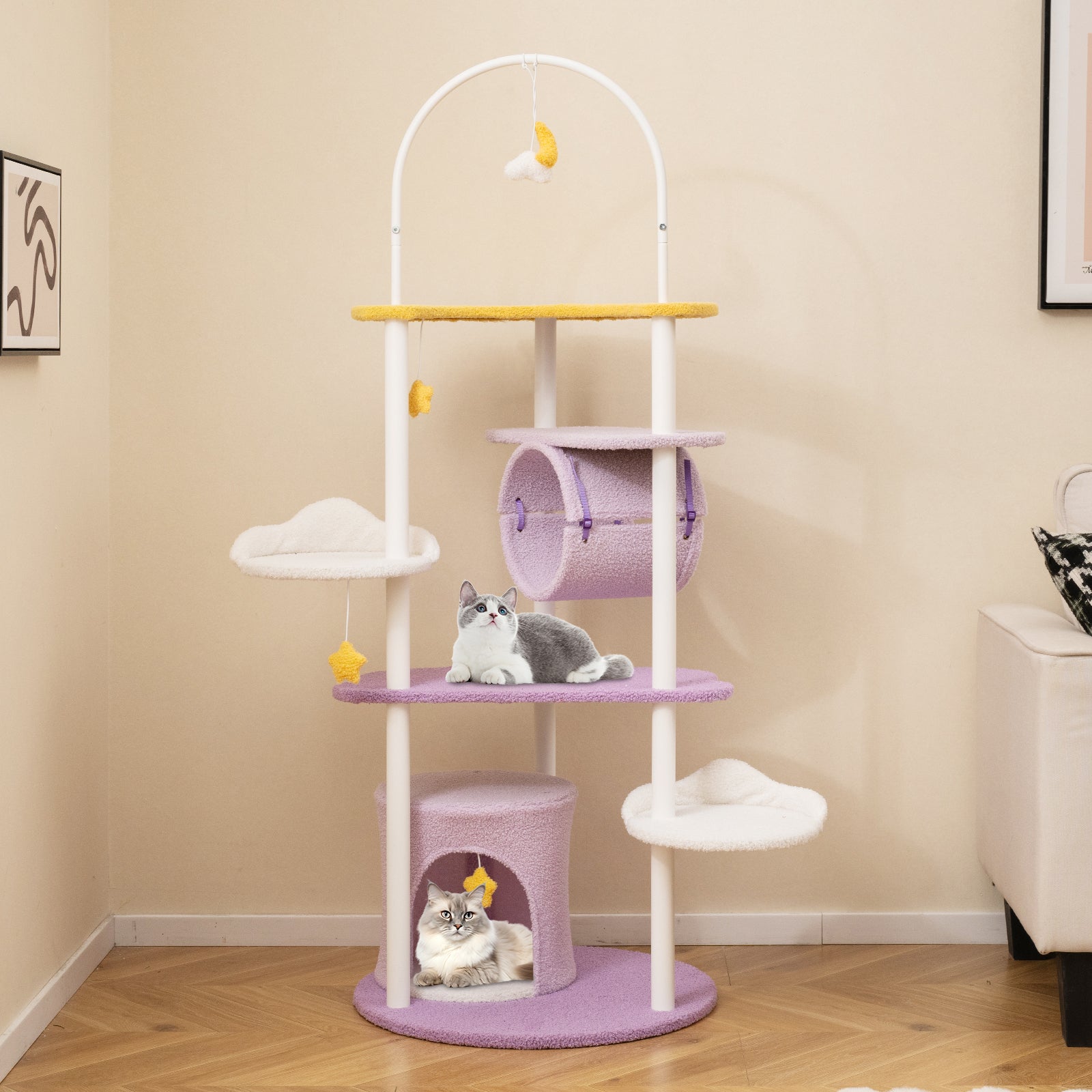 Multi-level Cute Cat Tree 158CM Large Cat Tower with Metal Frame-Purple
