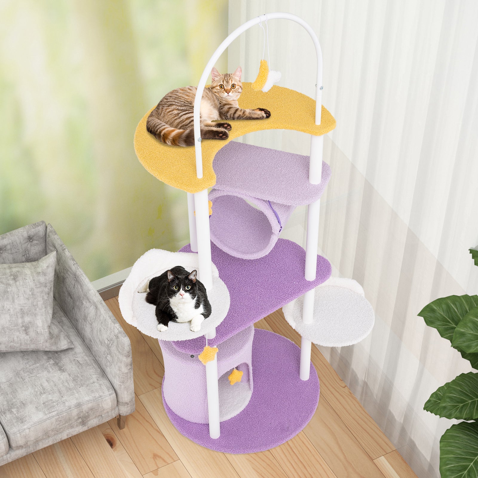 Multi-level Cute Cat Tree 158CM Large Cat Tower with Metal Frame-Purple