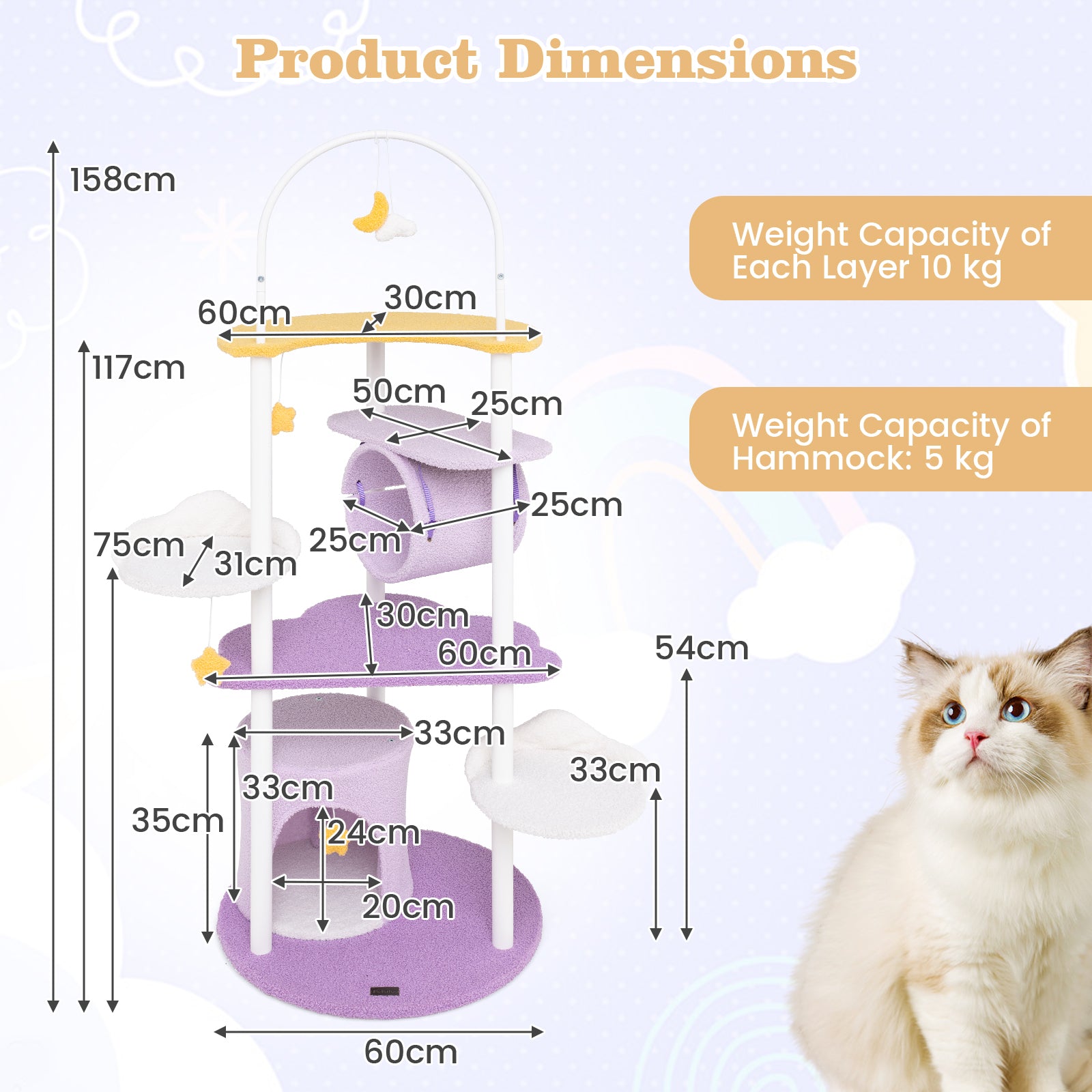 Multi-level Cute Cat Tree 158CM Large Cat Tower with Metal Frame-Purple