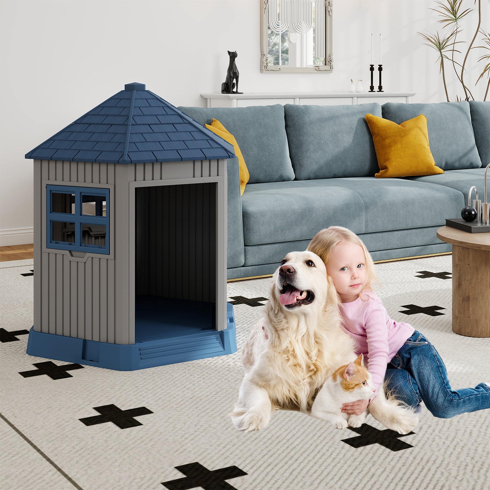 Outdoor Dog House with 2 Windows and Skylight for Small Medium Dogs-Blue
