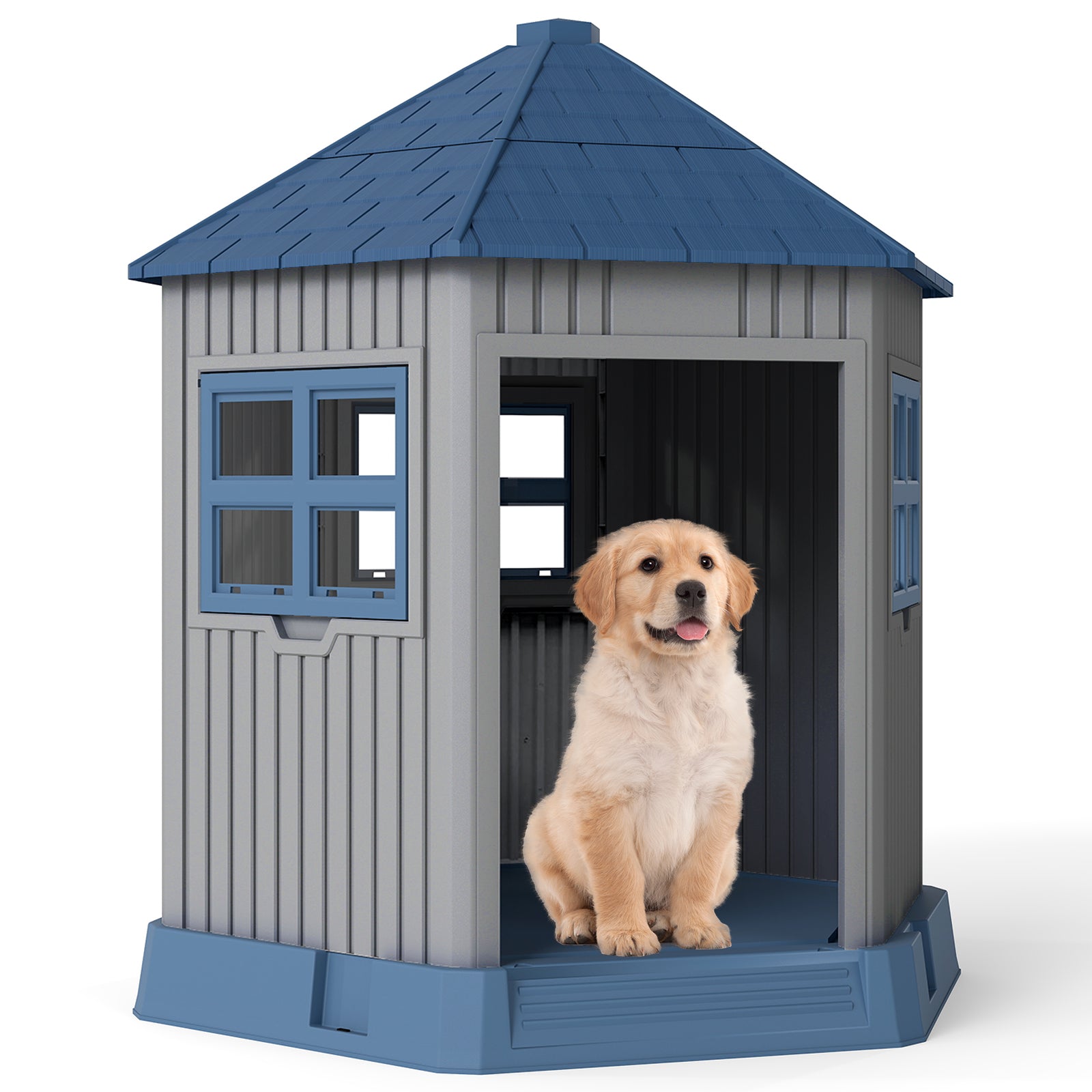 Outdoor Dog House with 2 Windows and Skylight for Small Medium Dogs-Blue