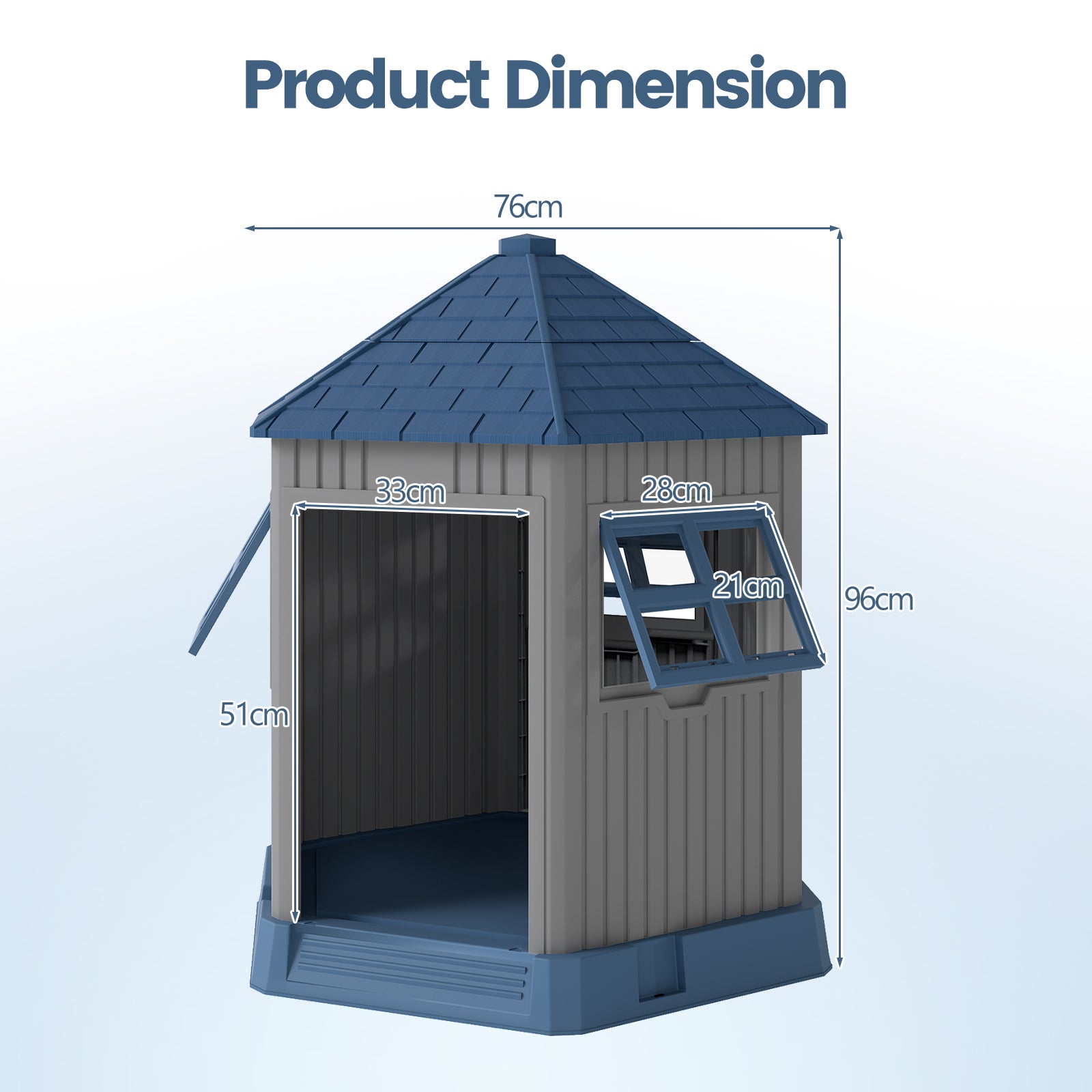 Outdoor Dog House with 2 Windows and Skylight for Small Medium Dogs-Blue