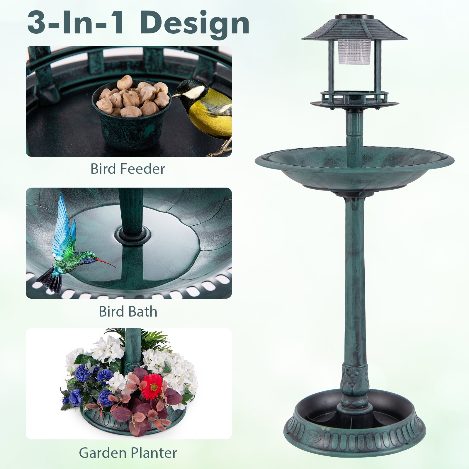Outdoor Solar Lighted Bird Bath with Flower Planter Base-Bronze