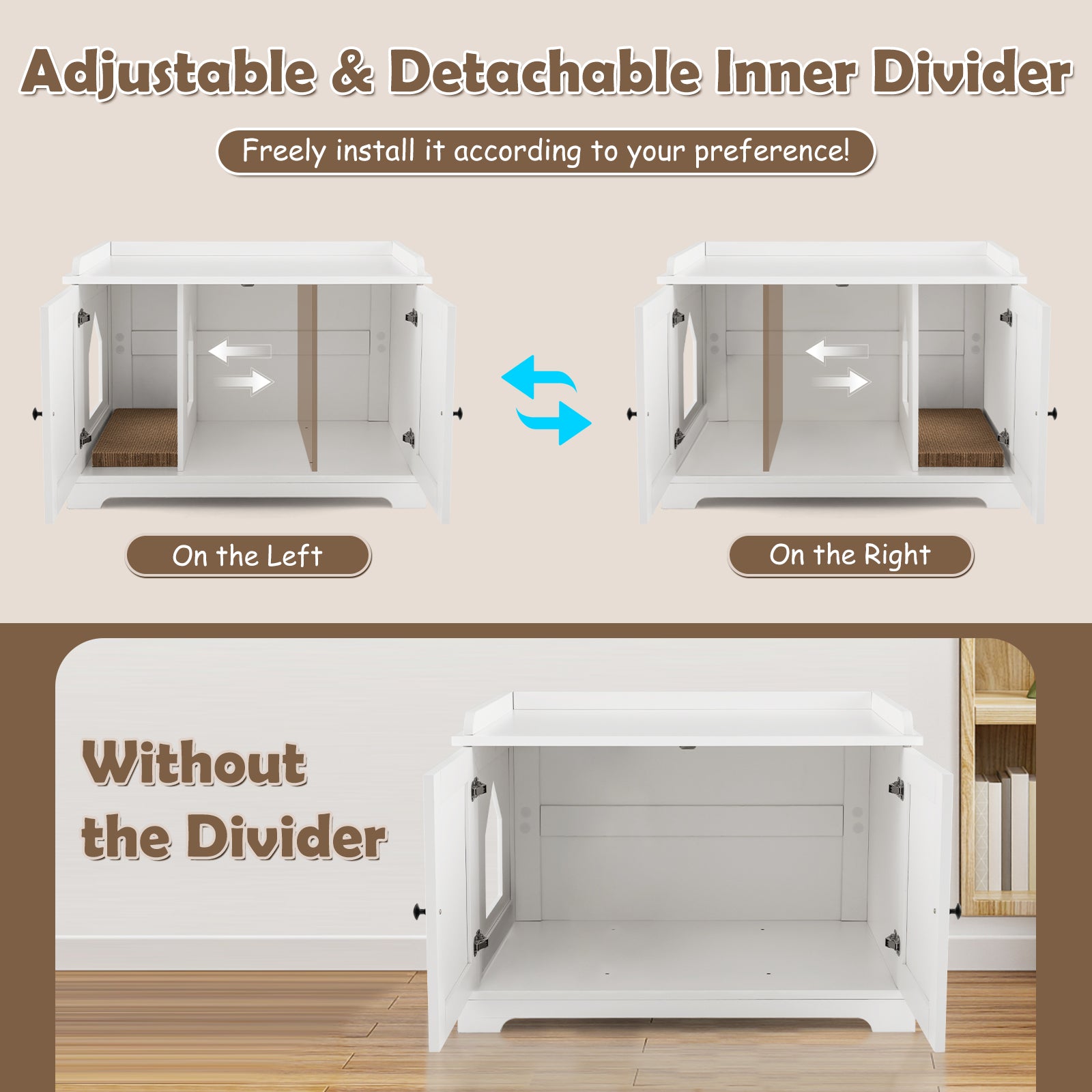 Cat Litter Box Enclosure with Scratching Pad and Adjustable Divider-White