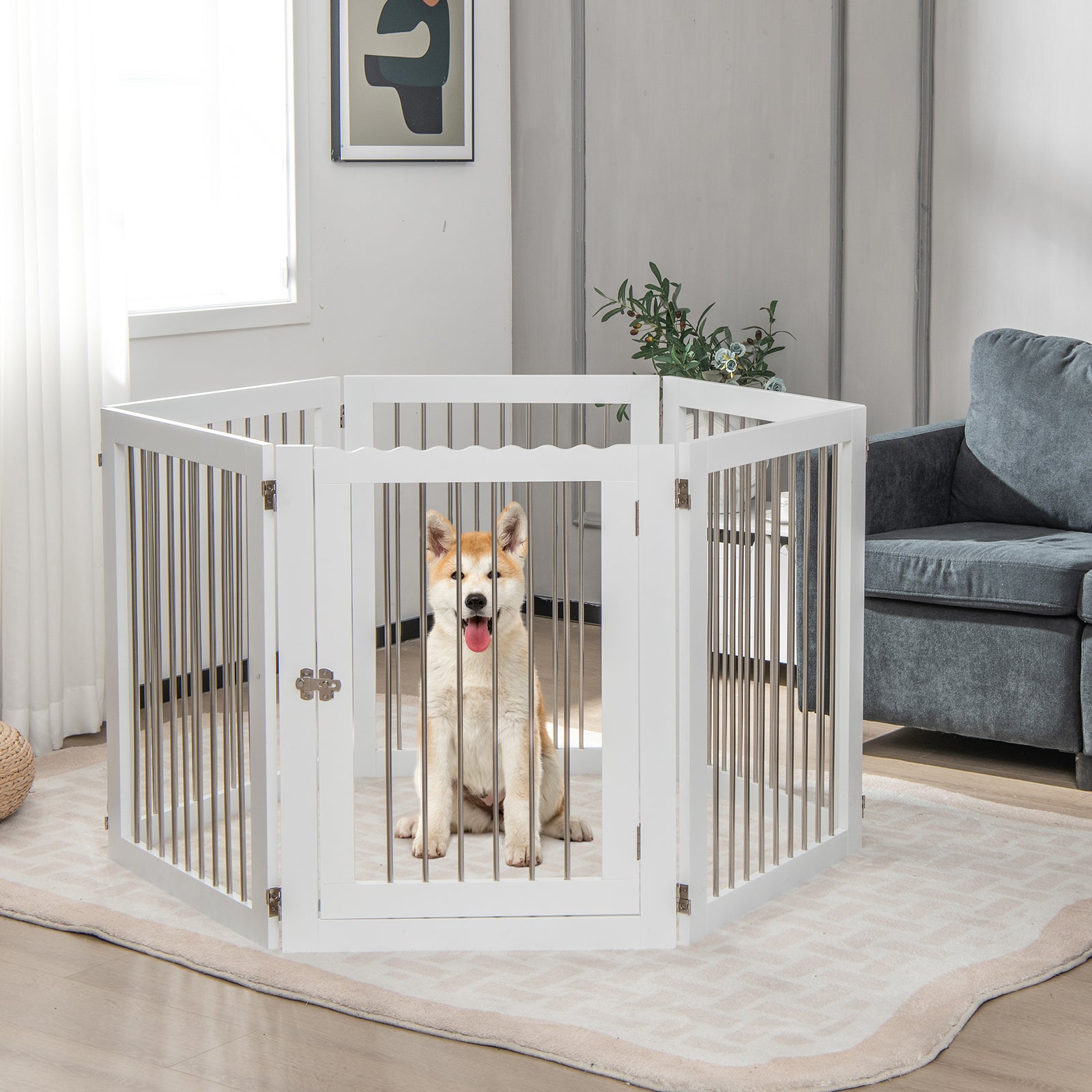 366cm Freestanding Foldable Extra Wide Dog Gate with Lockable Door and 4 Support Feet