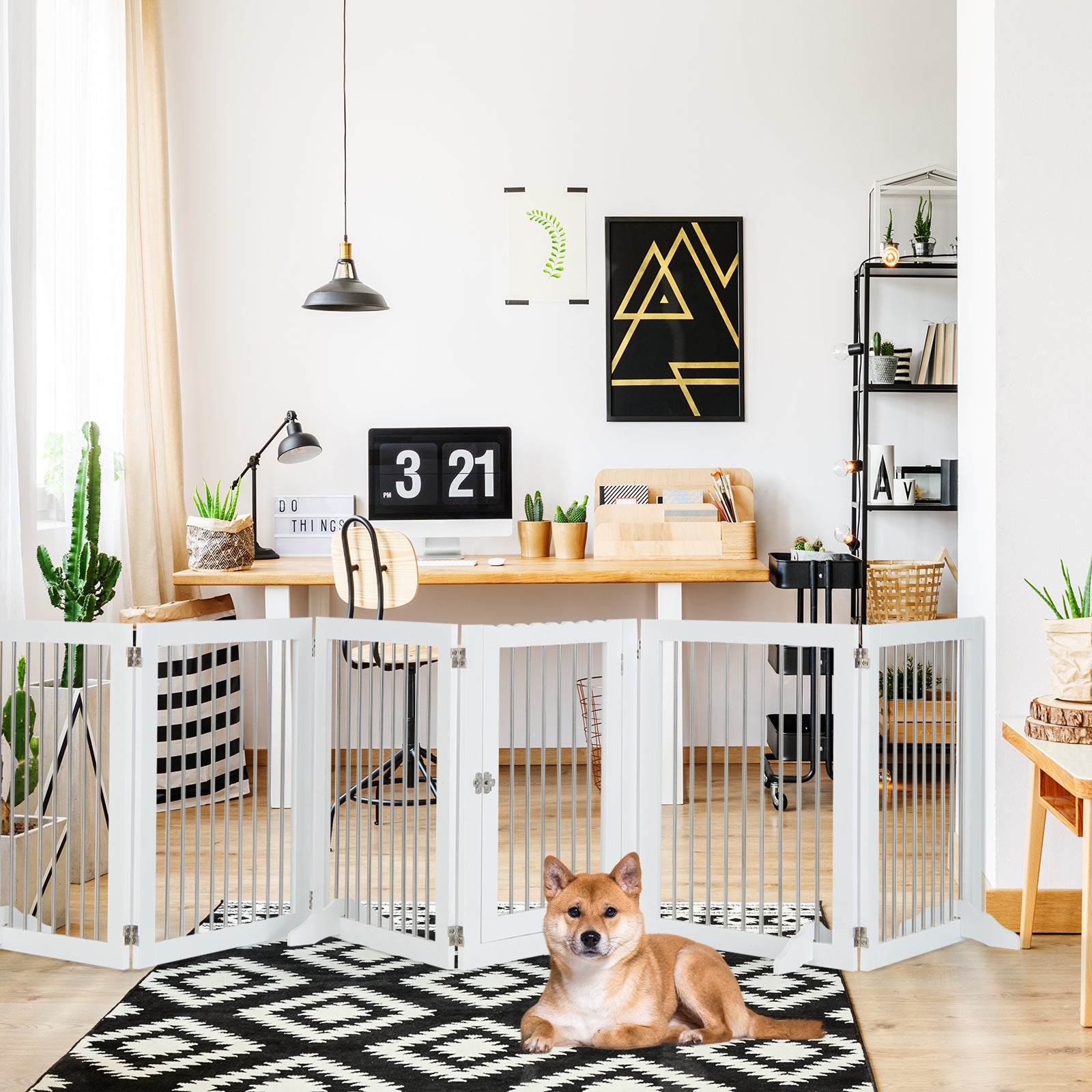 366cm Freestanding Foldable Extra Wide Dog Gate with Lockable Door and 4 Support Feet