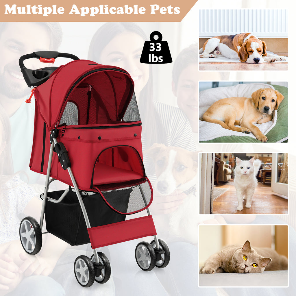 4-Wheel Folding Pet Stroller with Storage Basket and Adjustable Canopy-Red