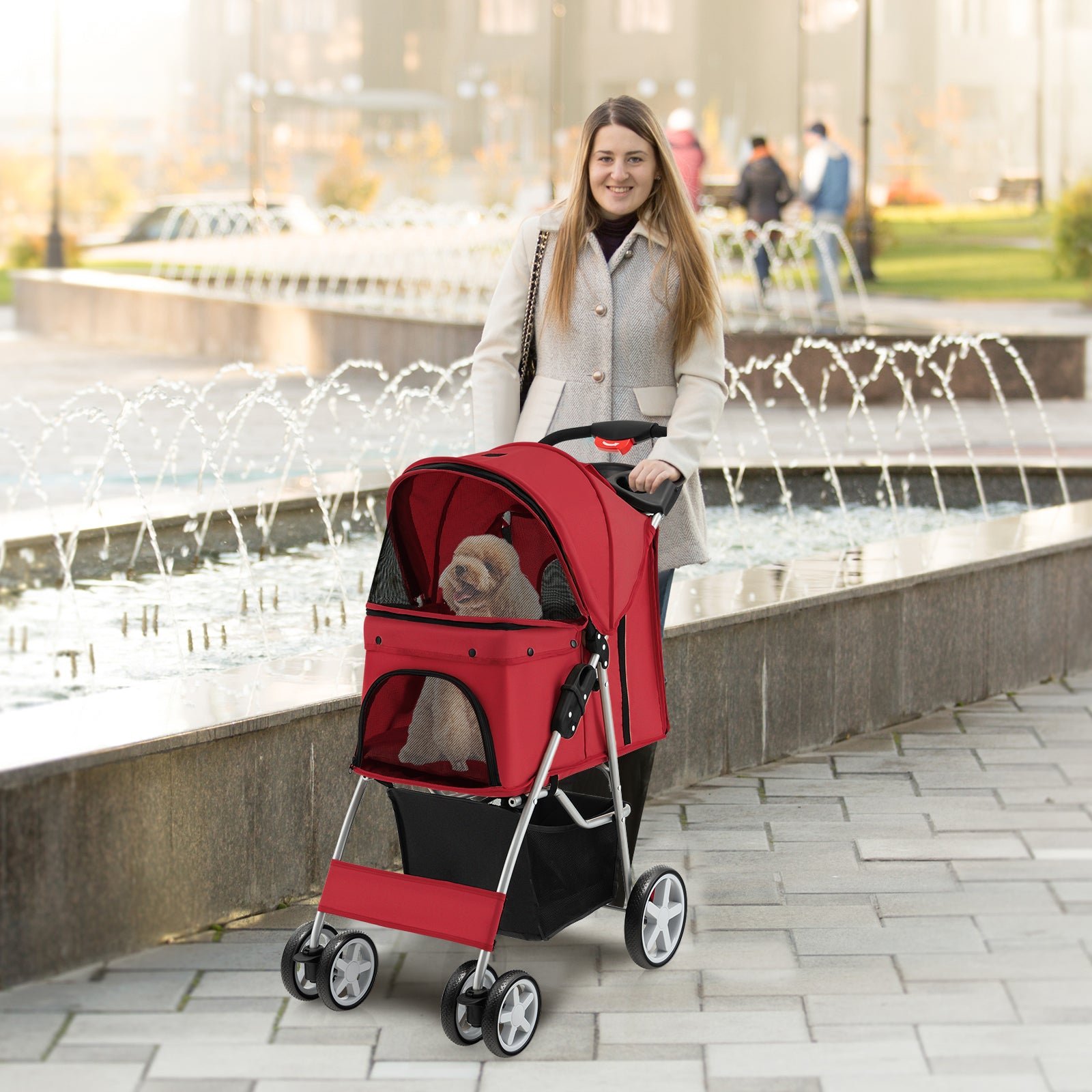 4-Wheel Folding Pet Stroller with Storage Basket and Adjustable Canopy-Red