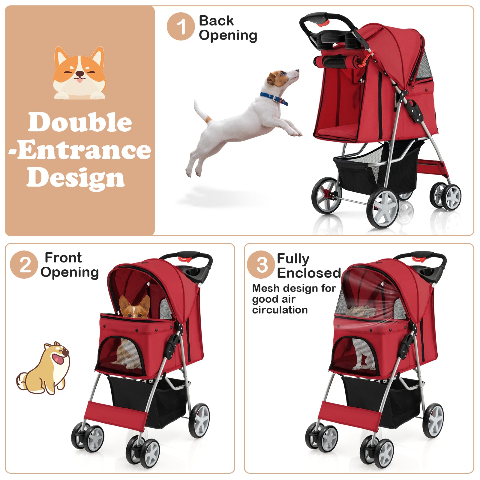 4-Wheel Folding Pet Stroller with Storage Basket and Adjustable Canopy-Red
