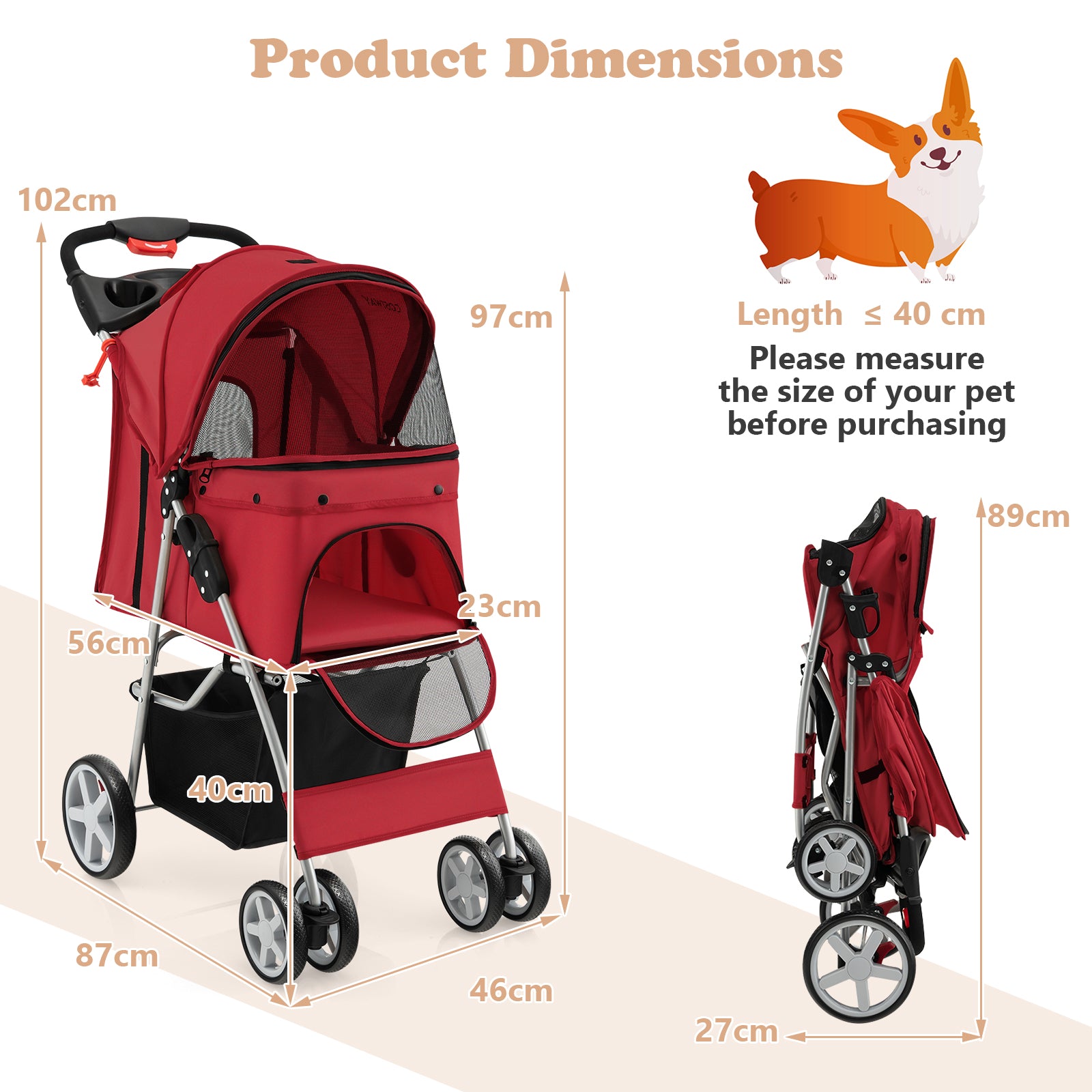 4-Wheel Folding Pet Stroller with Storage Basket and Adjustable Canopy-Red