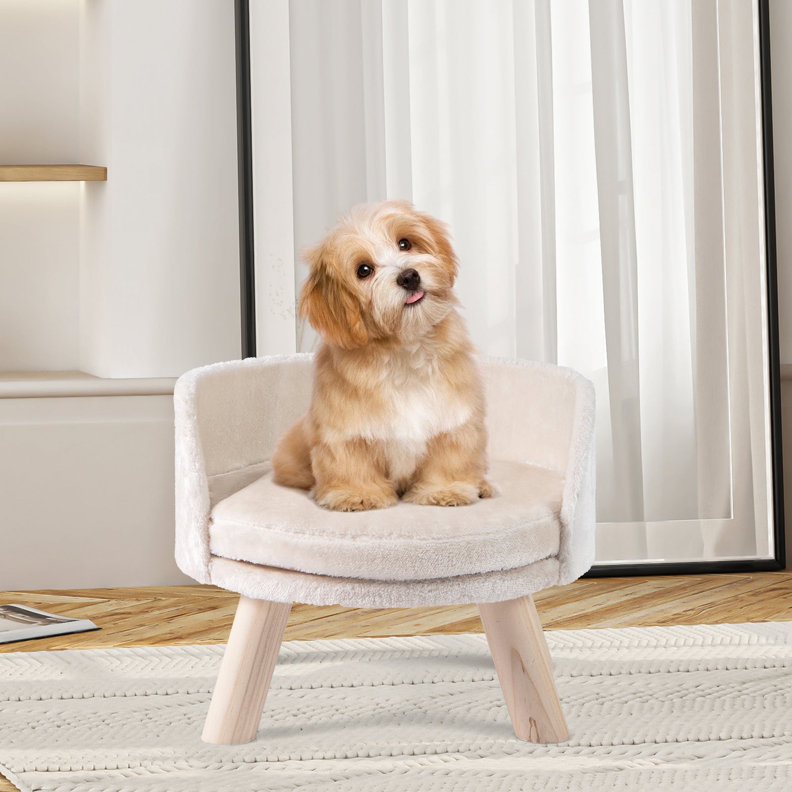 Pet Bed Sofa Wooden Couch with Removable and Washable Cushion-Beige