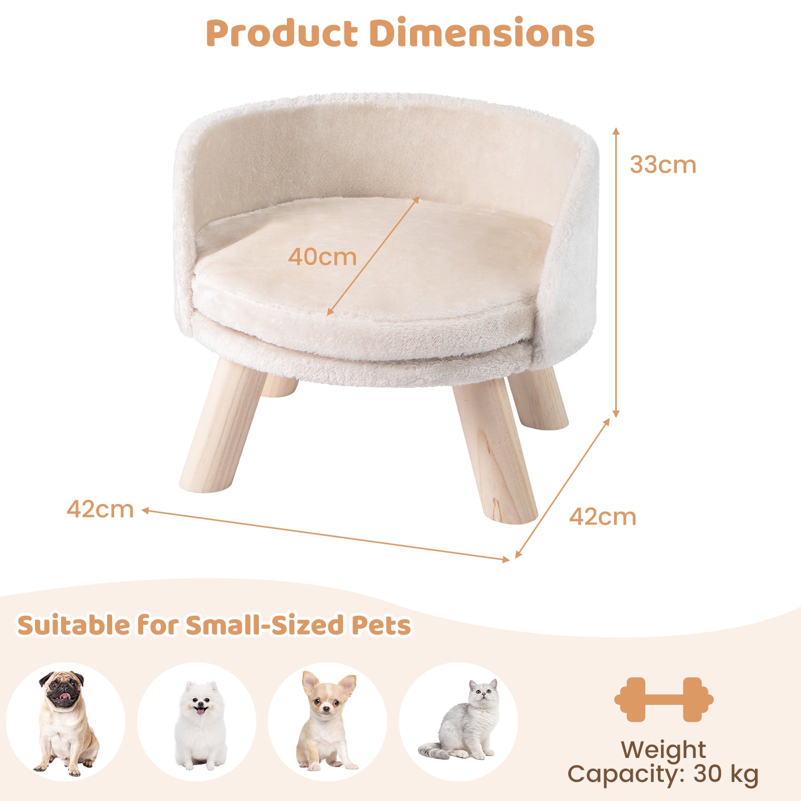 Pet Bed Sofa Wooden Couch with Removable and Washable Cushion-Beige