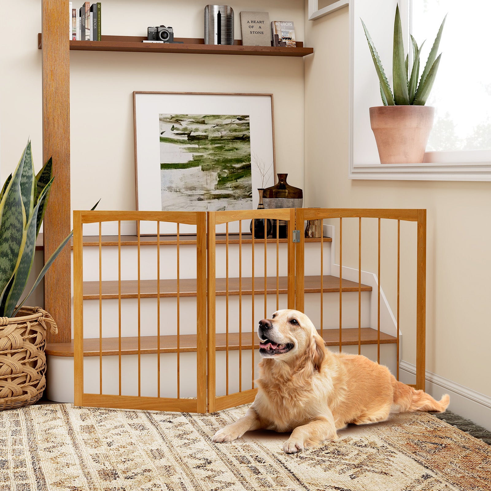 76 CM Tall Pet Gate Wooden Dog Fence 3-Panel Room Divider Barrier-Natural
